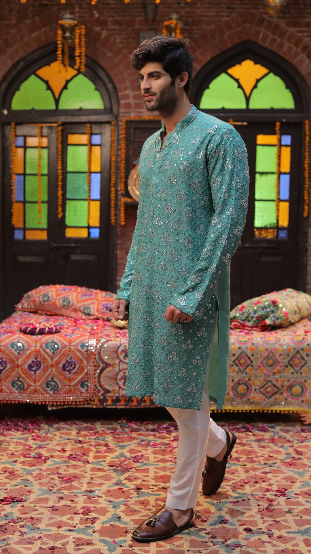 MR 80 Sea Green Chanderi Kurta For Groom And Trouser