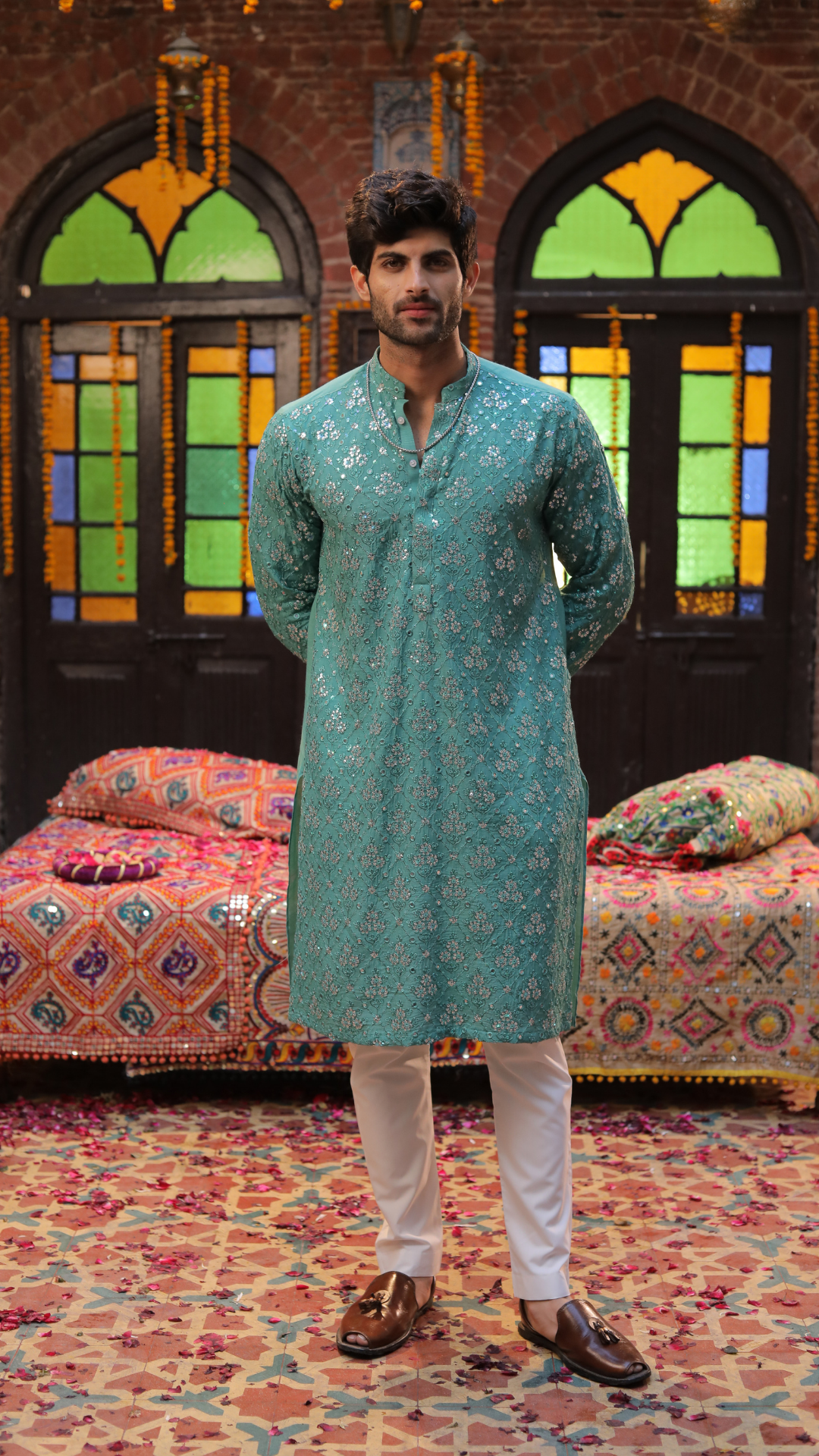 MR 80 Sea Green Chanderi Kurta For Groom And Trouser