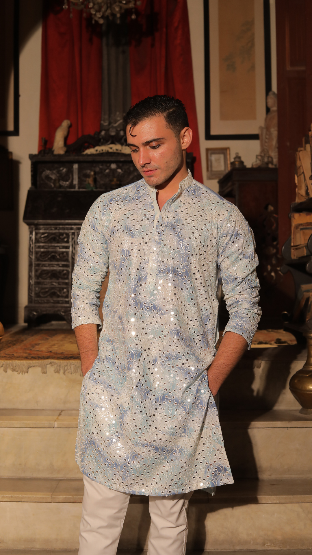 MR 77 White And Blue Chanderi Kurta With Trouser