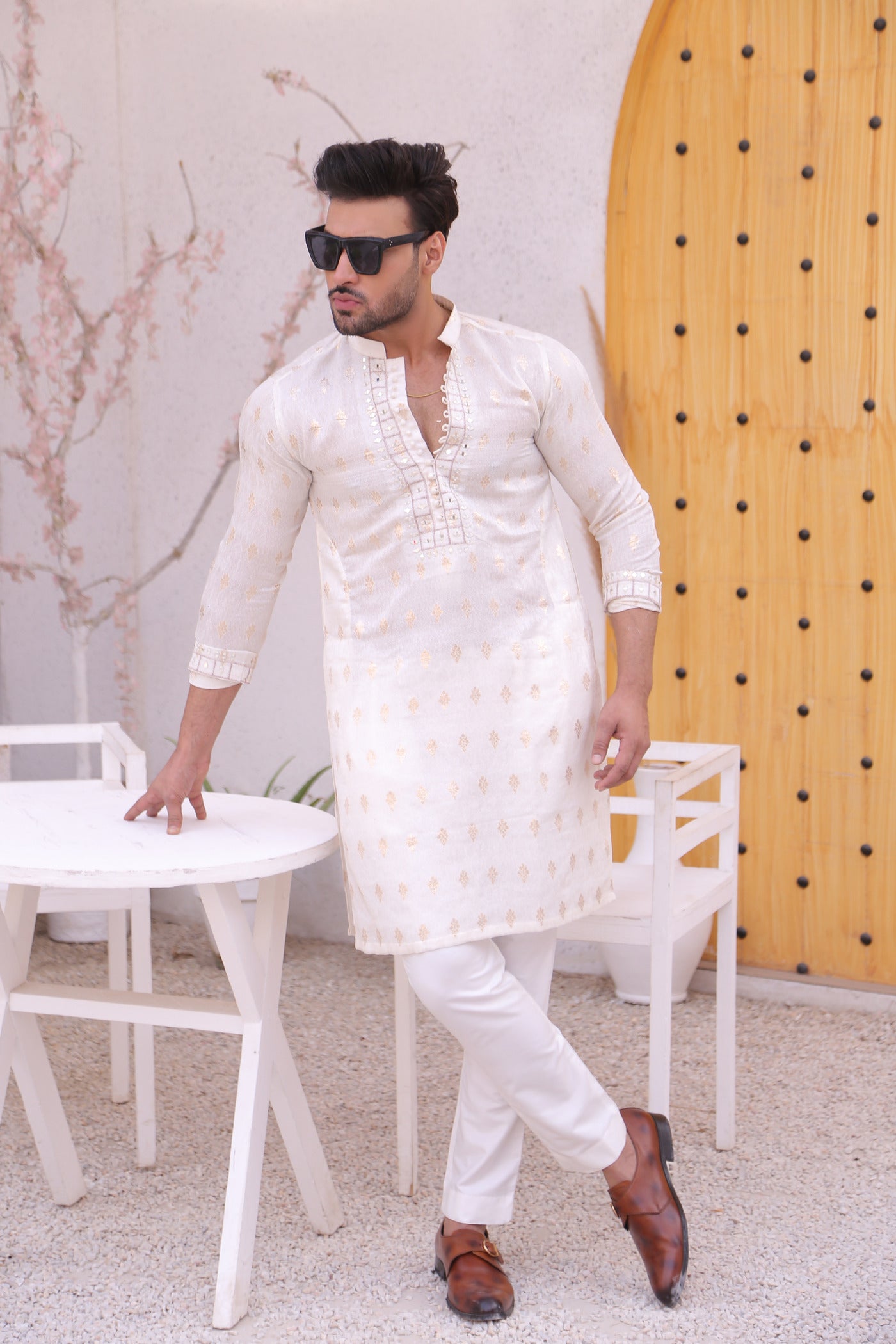 ER MR 51 White Mirror Work Self Cotton Silk Fabric Kurta Pajama Mirror Work For Men