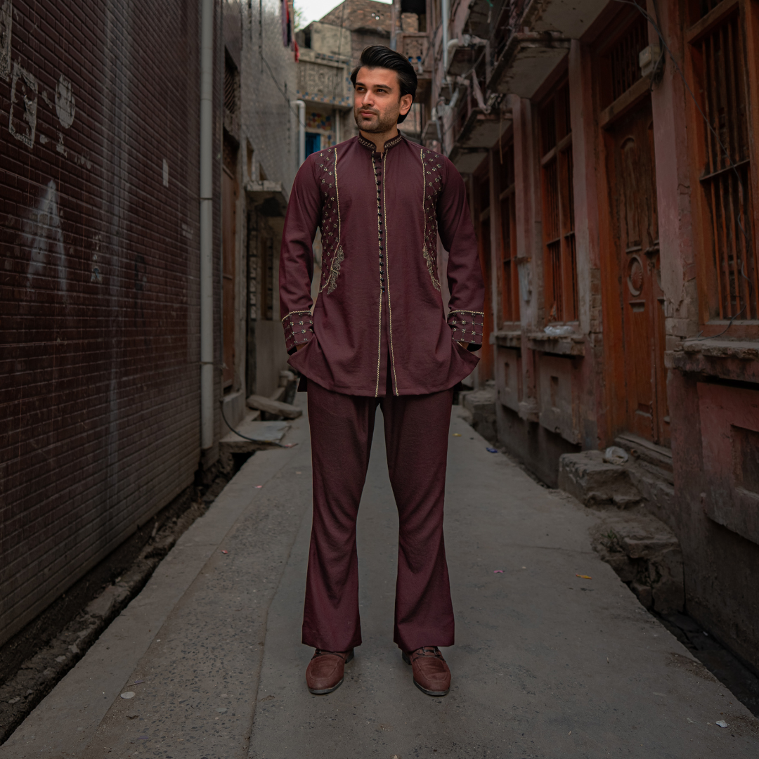 CK 753 Maroon Short Embroidered Kurta With Bell Bottom Trouser