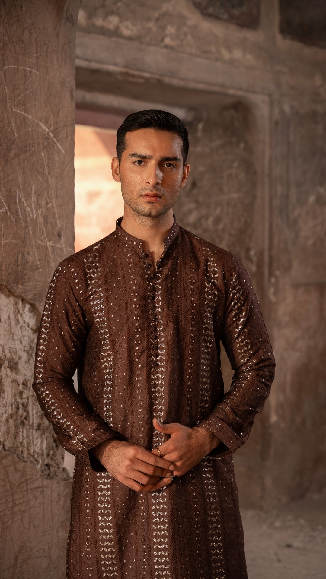ER 664 Brown Kurta With Loop Buttons For Men With Trouser