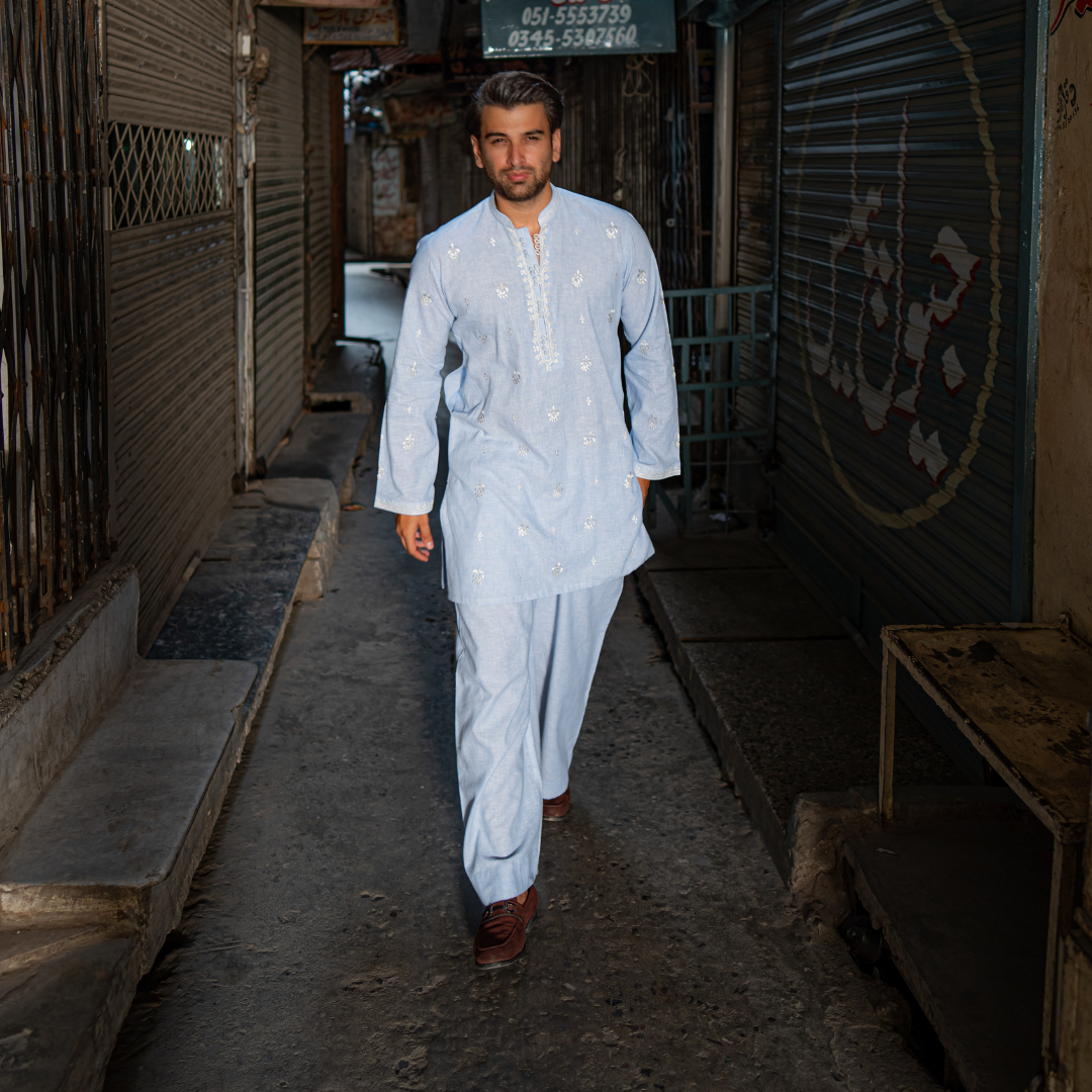 CK 751 Sky Blue Short Embroidered Kurta With Farshi Shalwar