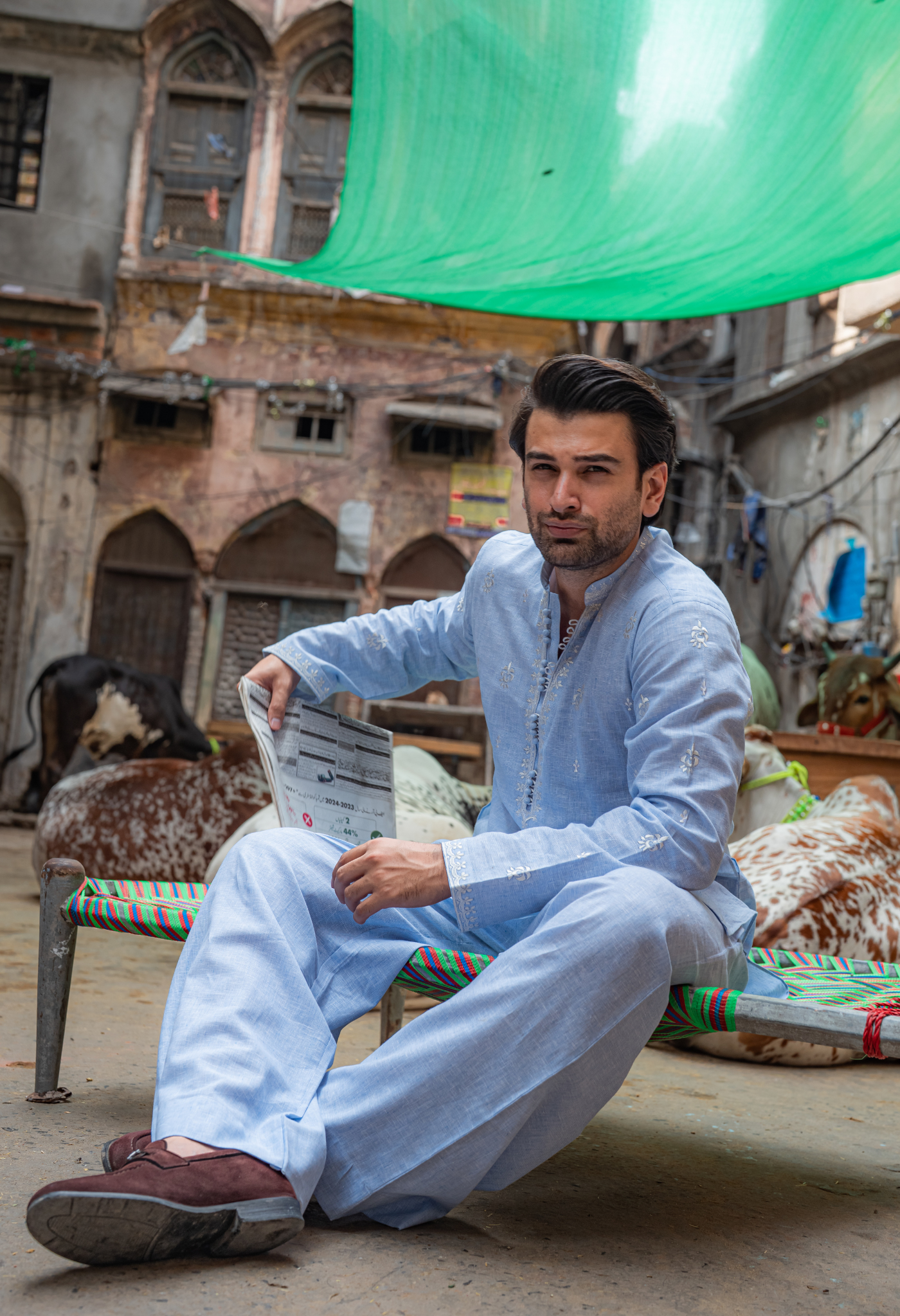 CK 751 Sky Blue Short Embroidered Kurta With Farshi Shalwar