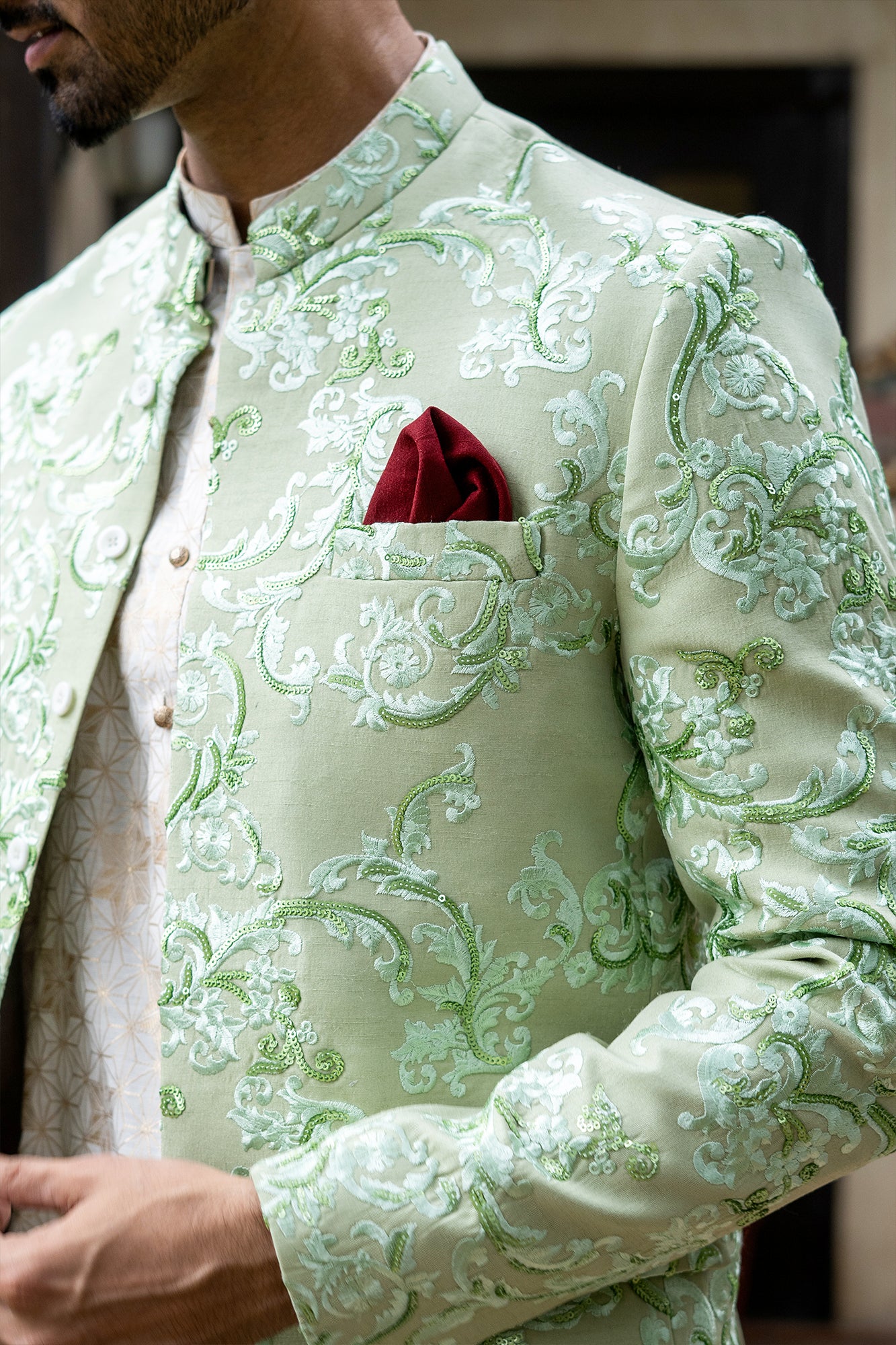 ER 2077 Pastel Lime Green Prince Coat For Men mashalcouture.com