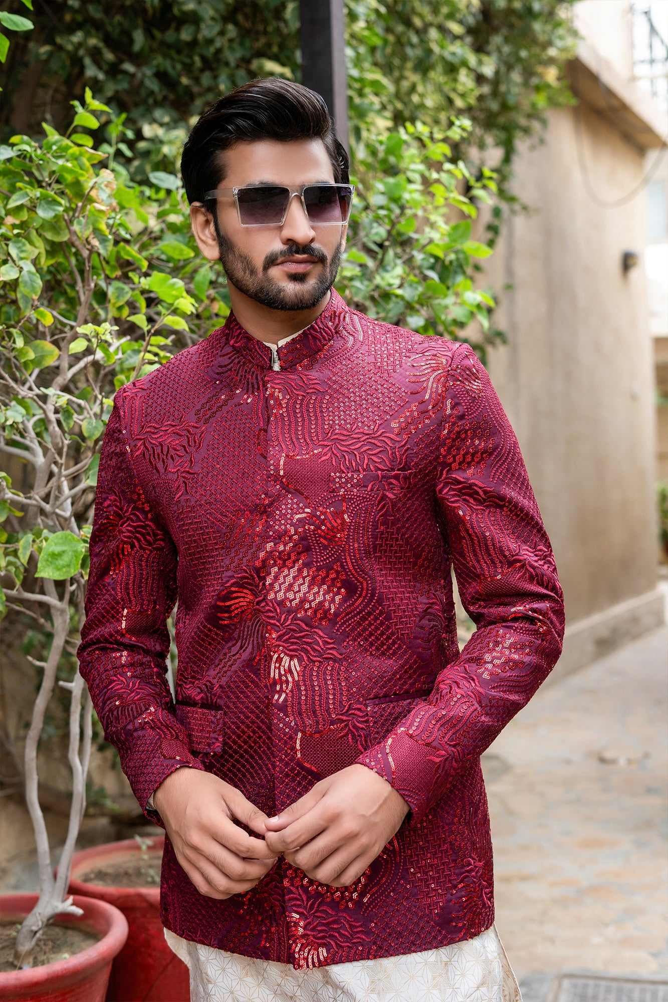 ER 2093 Maroon Nehru Jacket Prince Coat wedding mashalcouture.com
