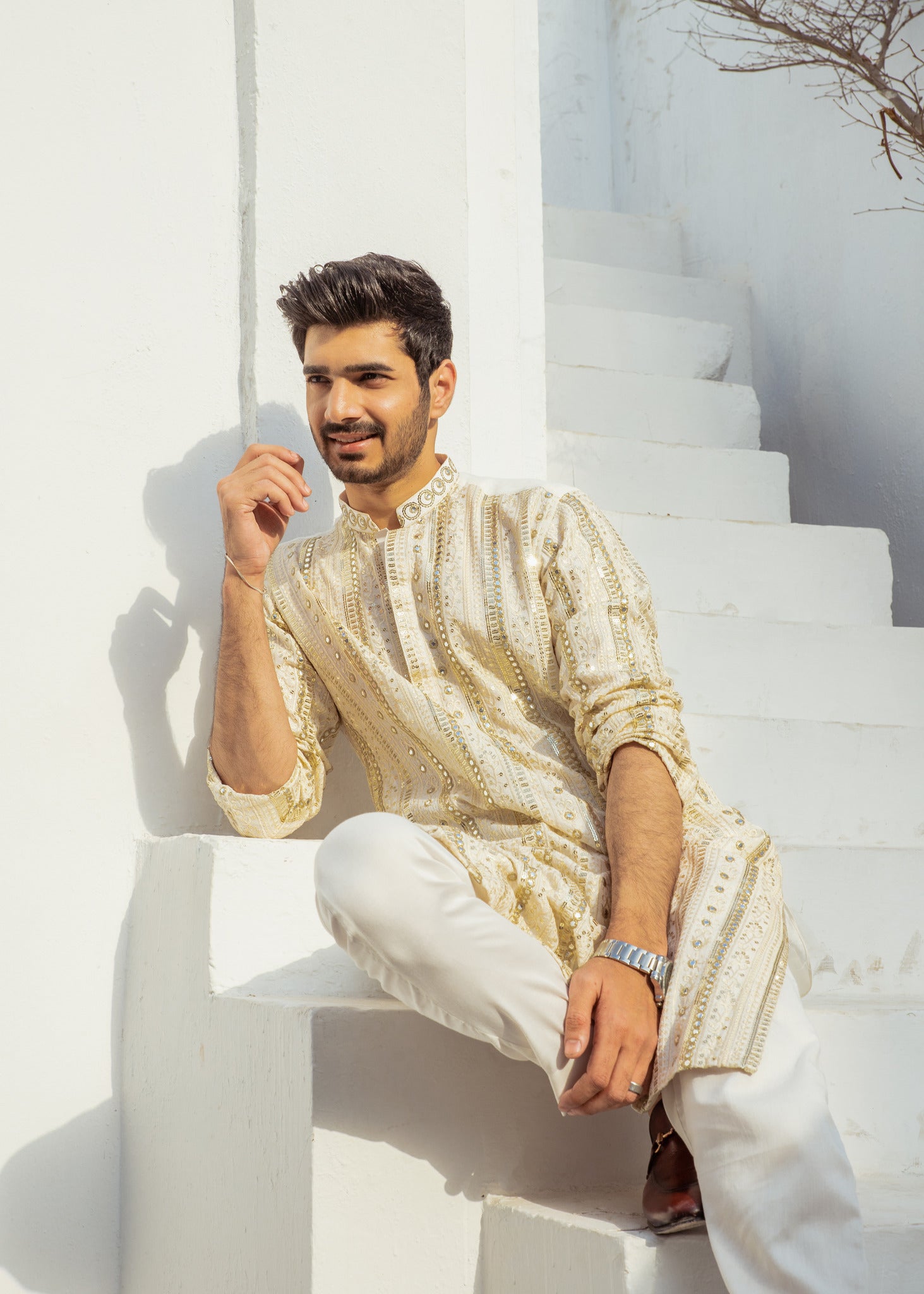 MR 57 White Chanderi Kurta Pajama