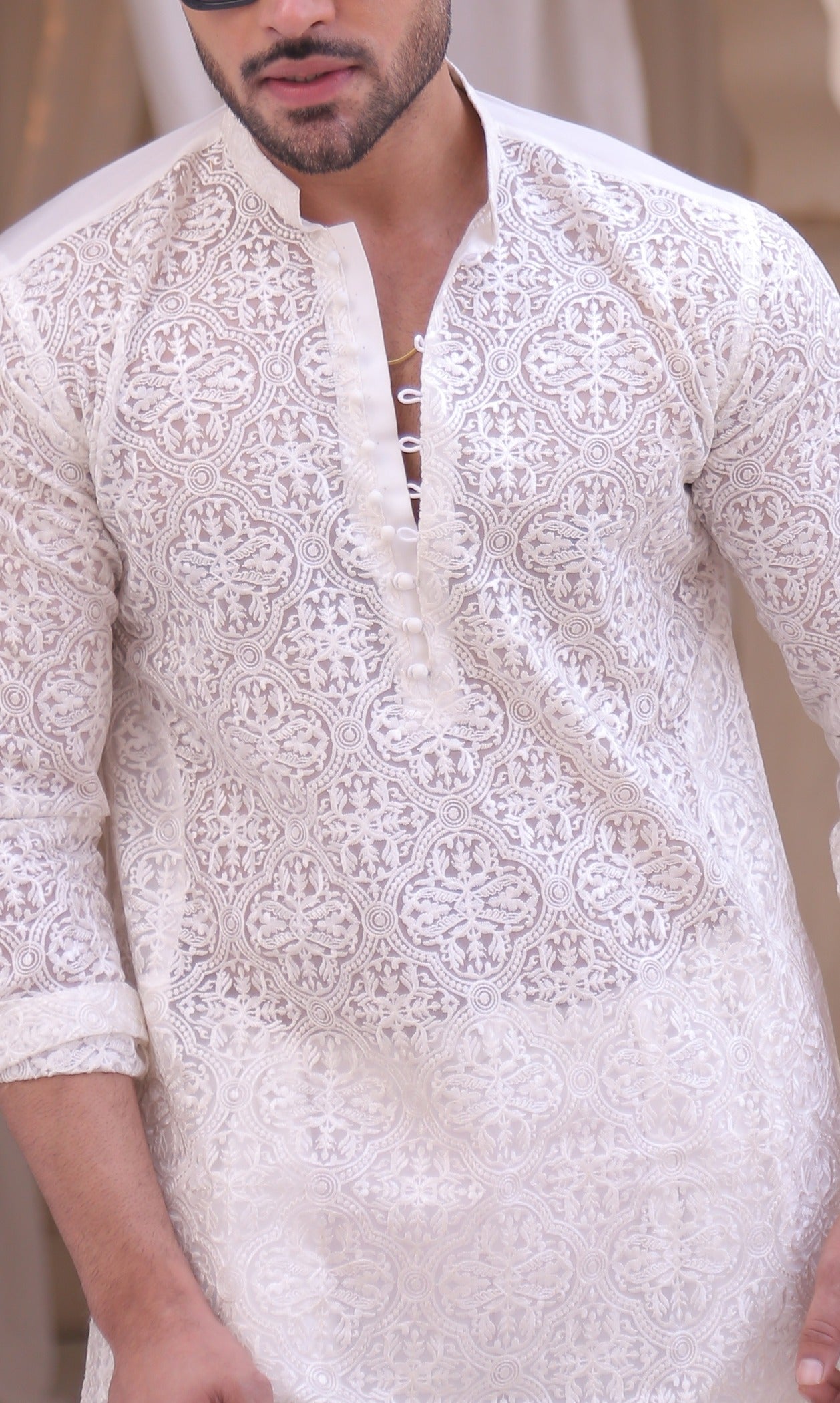 ER MR 40 White Chicken Kari See Through Fabric Kurta Pajama For Men