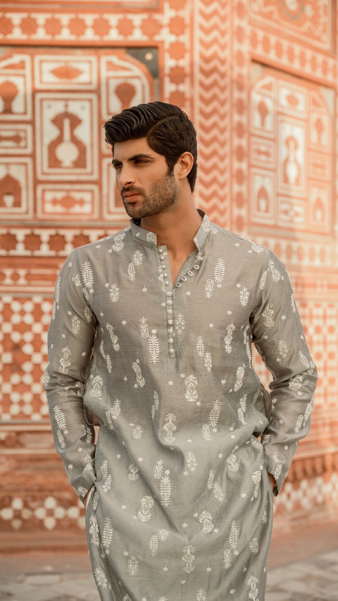CK 737 Gray Chikankari Kurta With Loop Buttons & Trouser