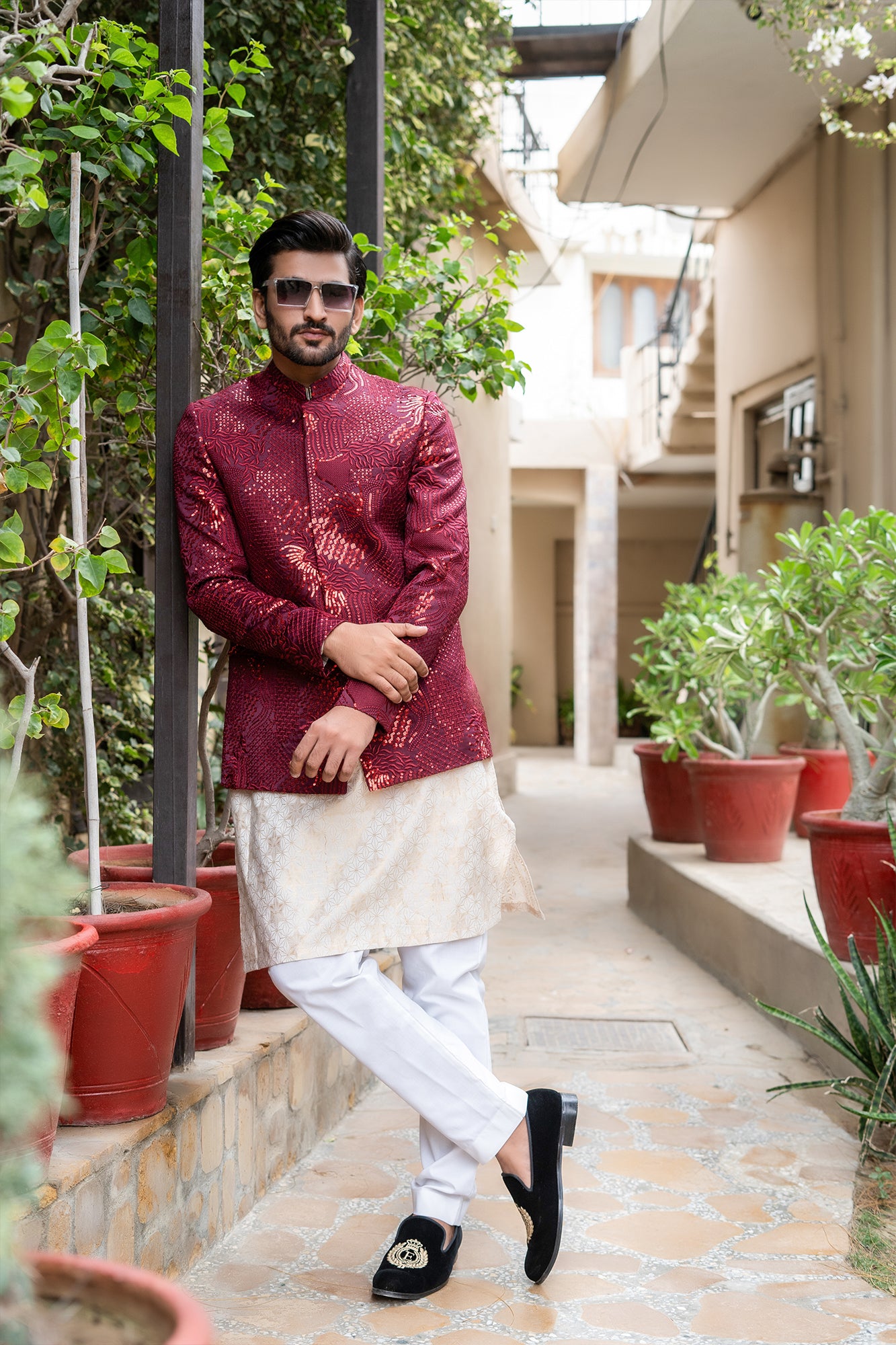 ER 2093 Maroon Nehru Jacket Prince Coat wedding mashalcouture.com