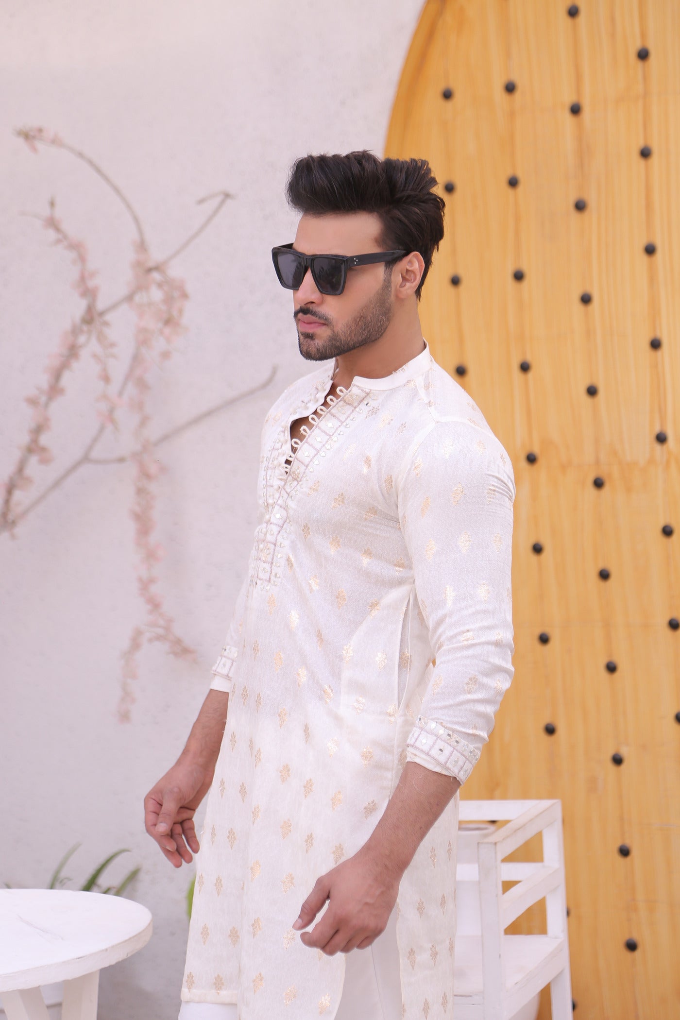 ER MR 51 White Mirror Work Self Cotton Silk Fabric Kurta Pajama Mirror Work For Men