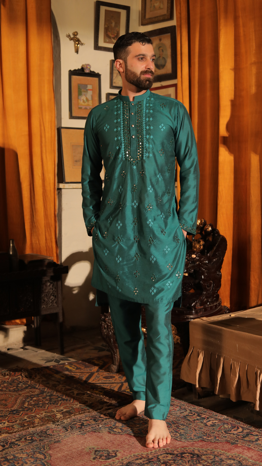 MR 71 Green Mirror Work Kurta Pajama For Groom