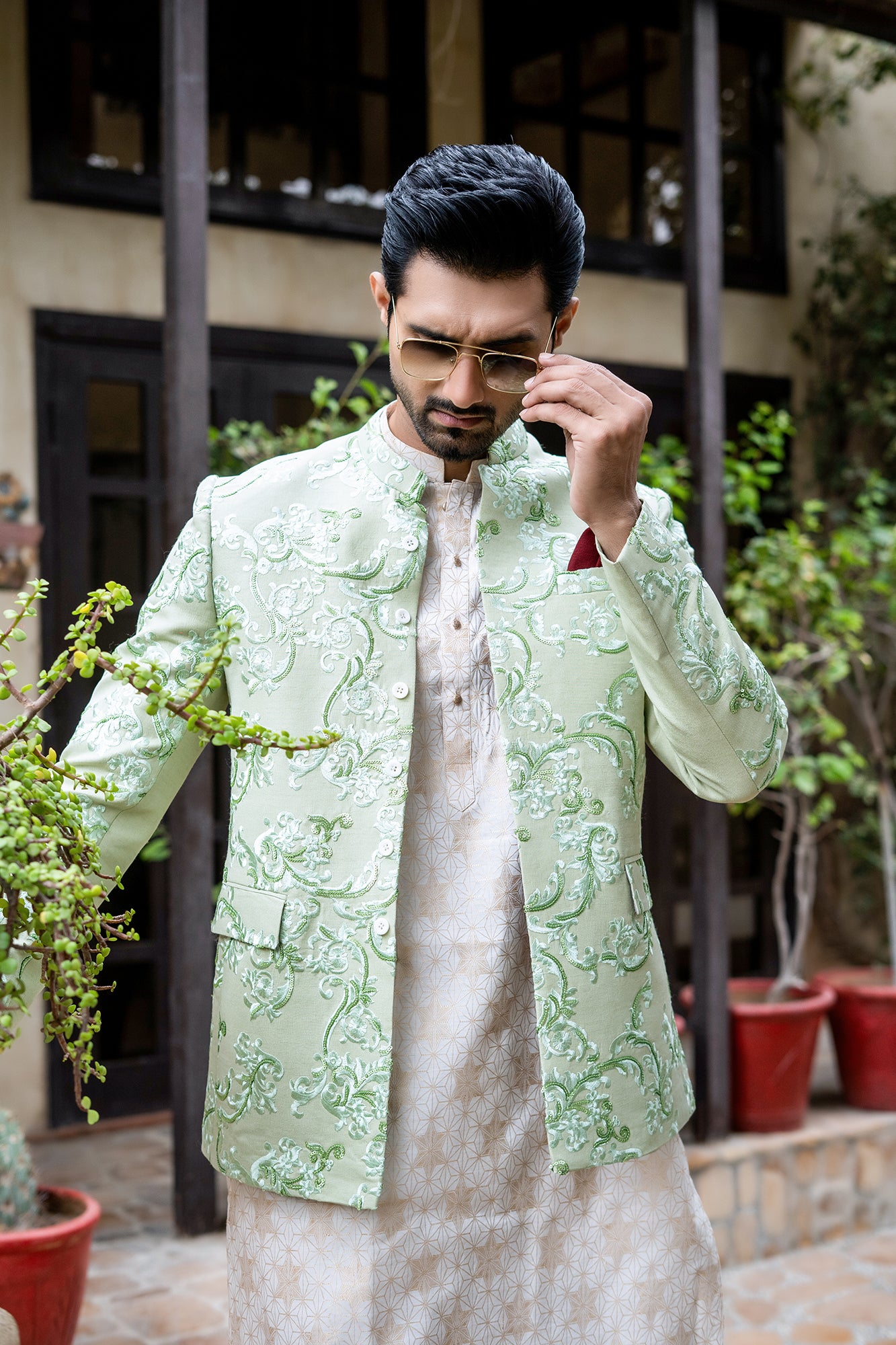 ER 2077 Pastel Lime Green Prince Coat For Men mashalcouture.com