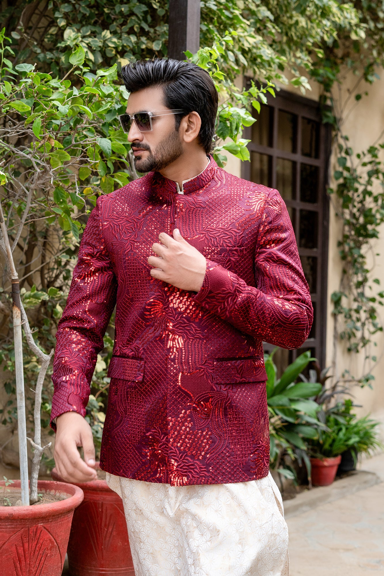 ER 2093 Maroon Nehru Jacket Prince Coat wedding mashalcouture.com