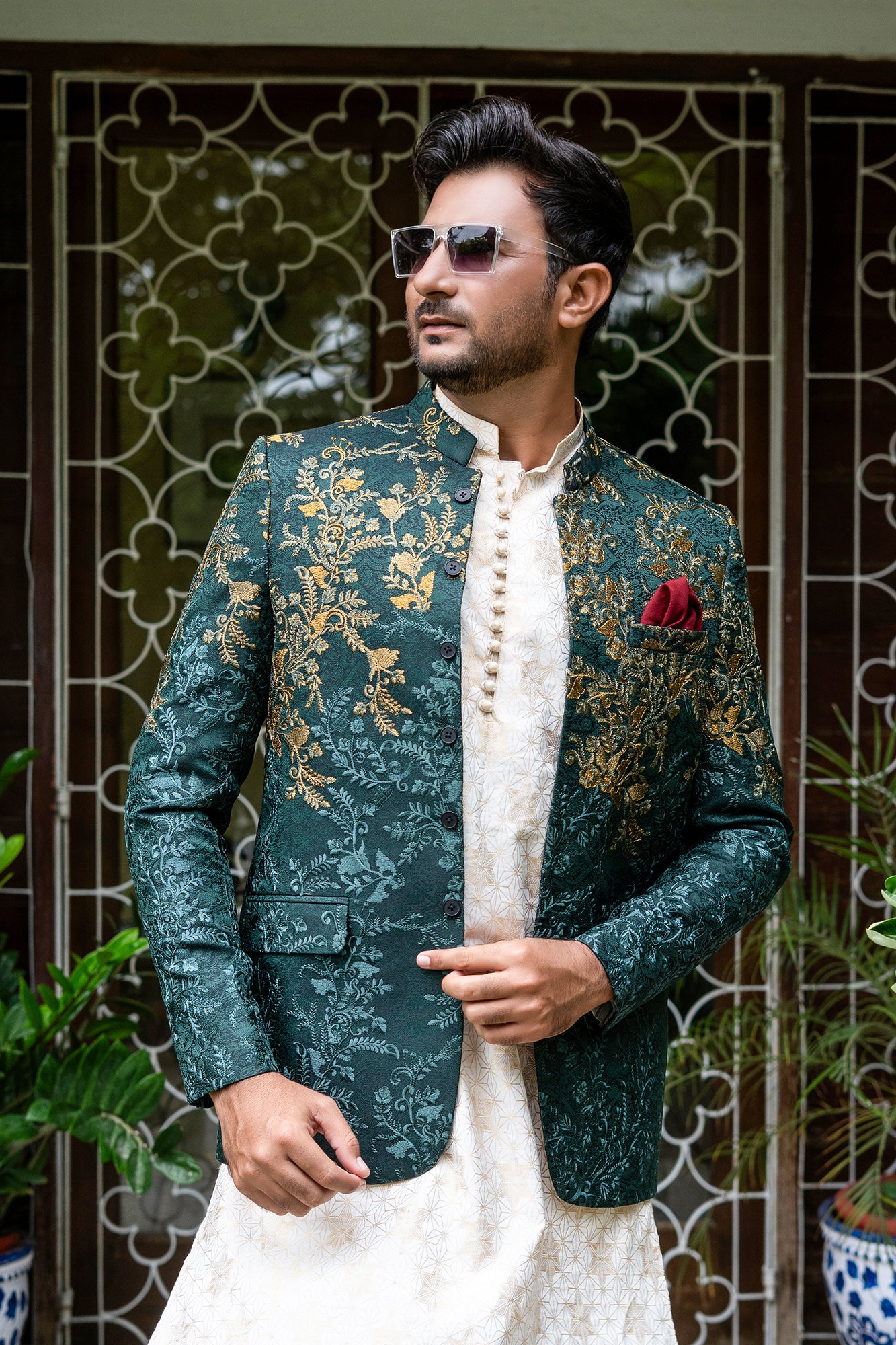ER 2084 Green Copper EMbroided Front Open Prince Coat wedding