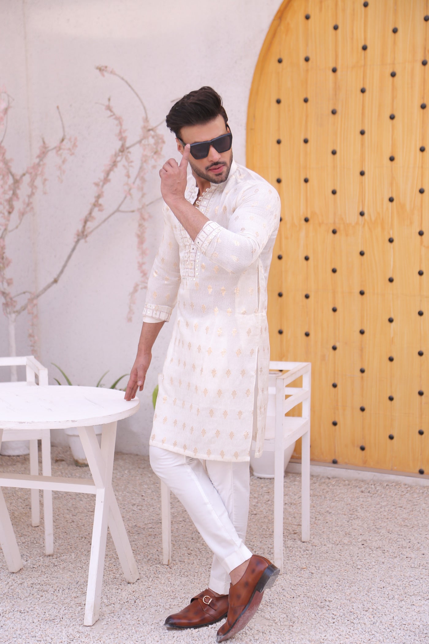 ER MR 51 White Mirror Work Self Cotton Silk Fabric Kurta Pajama Mirror Work For Men