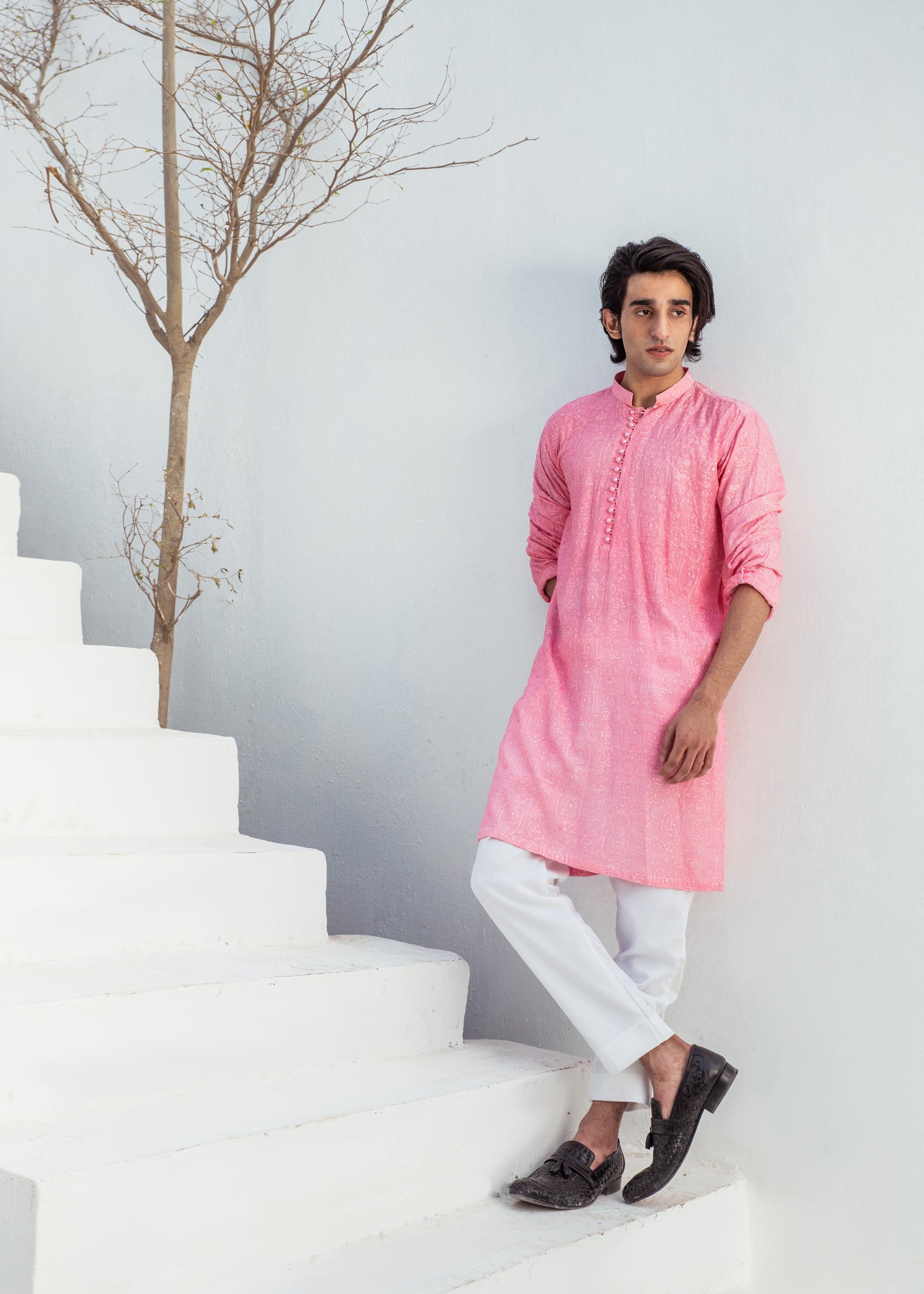 CK 722 Pink ChickanKari Kurta Pajama For Men