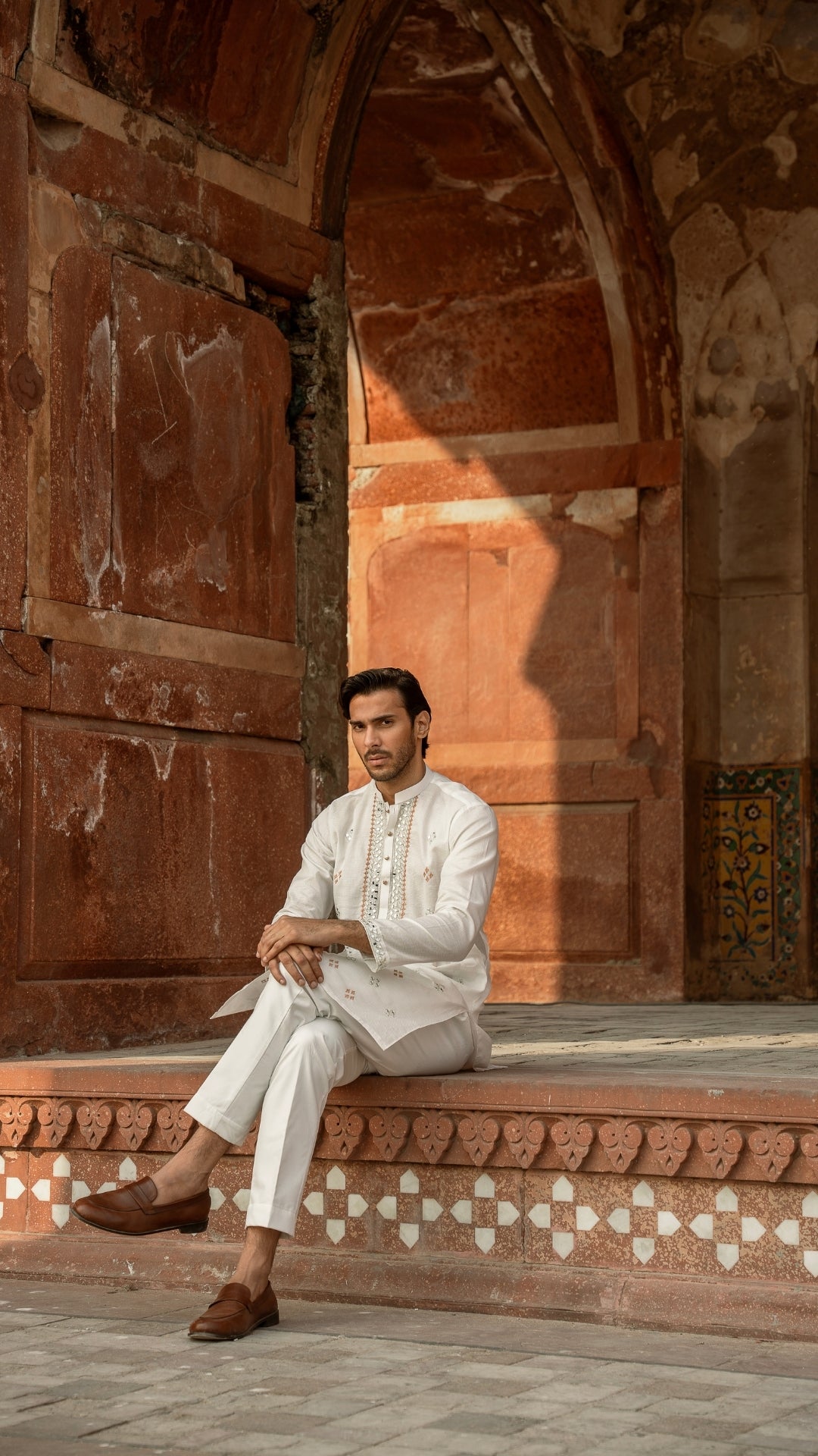 MR 65 White Mirror Work Kurta Pajama For Men