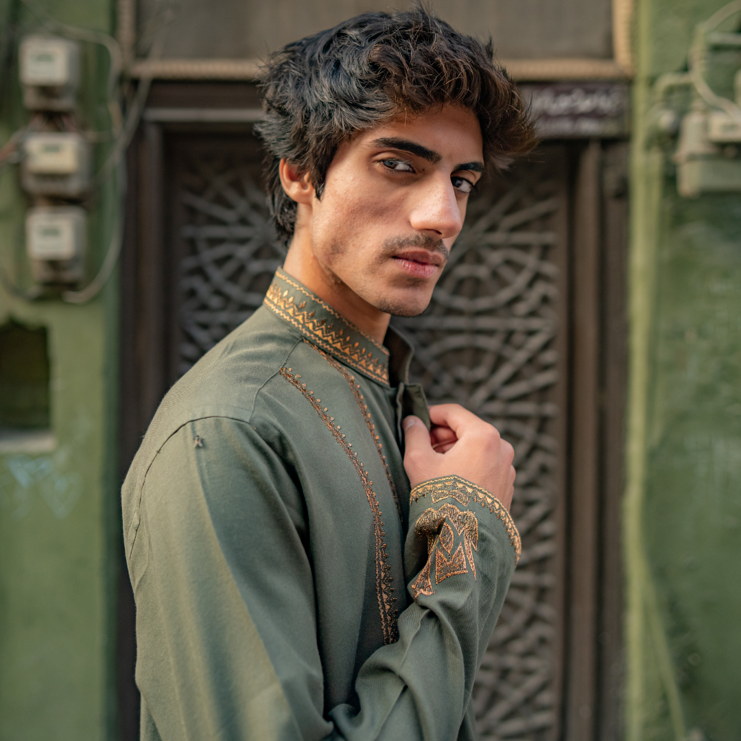 CK 754 Olive Embroidered Kurta With Pajama