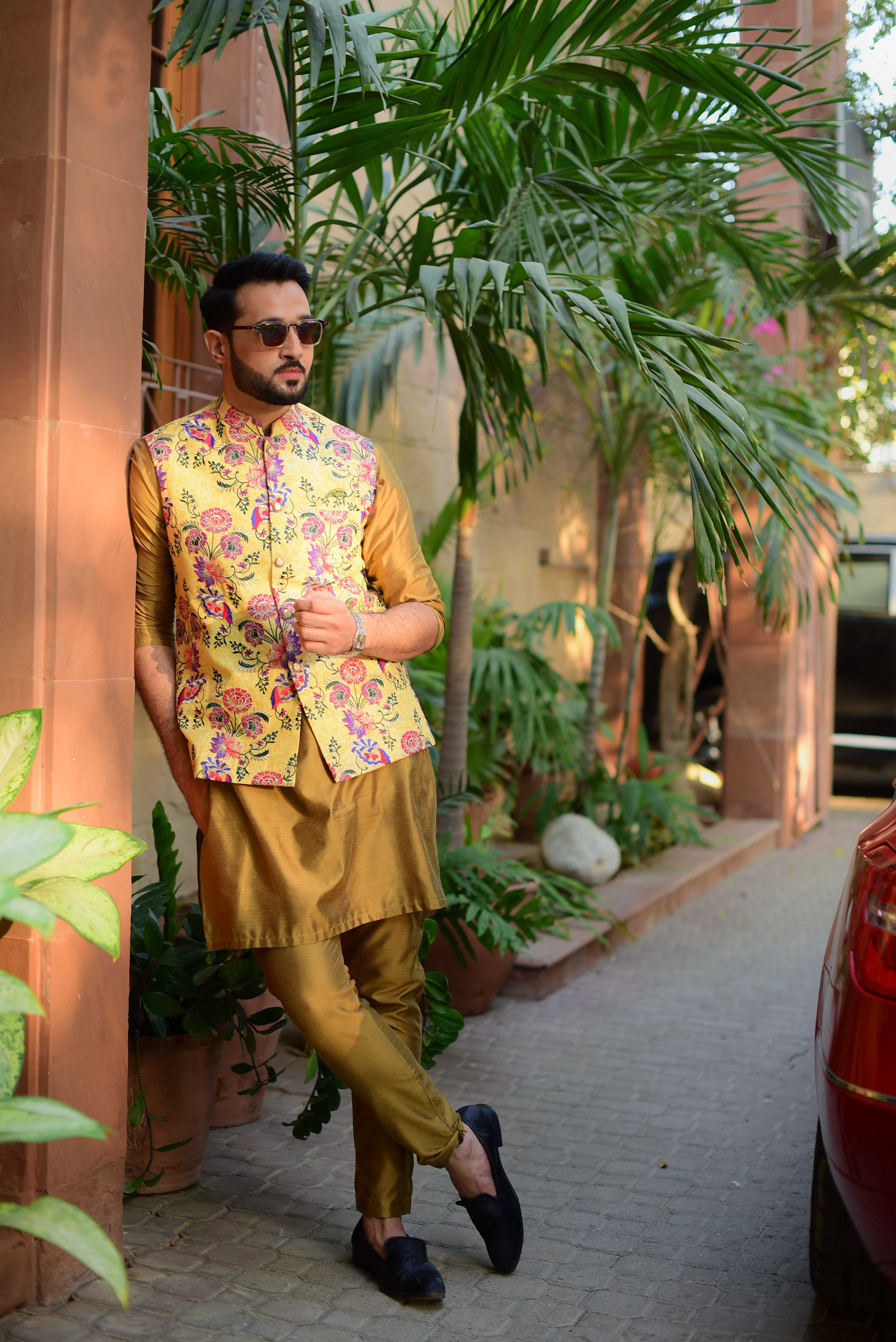 Yellow Embroidered Fabric Multi Color Waistcoat