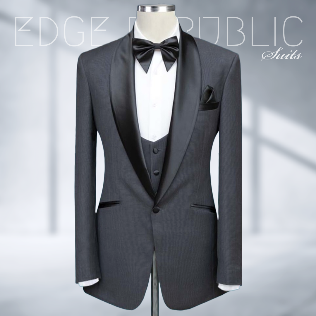Sliver Gray Single Button Black Customized 3Pcs Suit