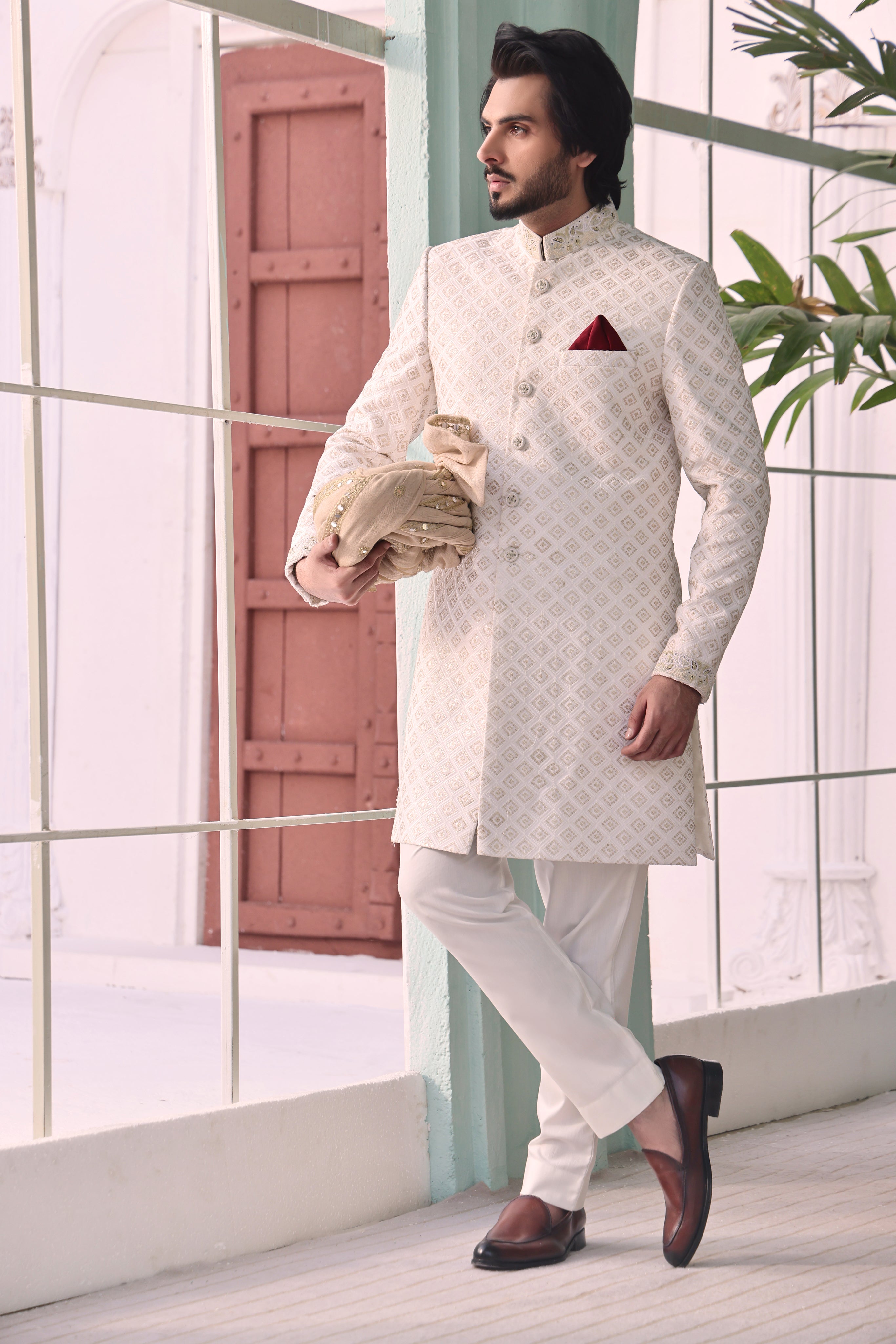 White Vegenza Hand Work Sherwani For Groom