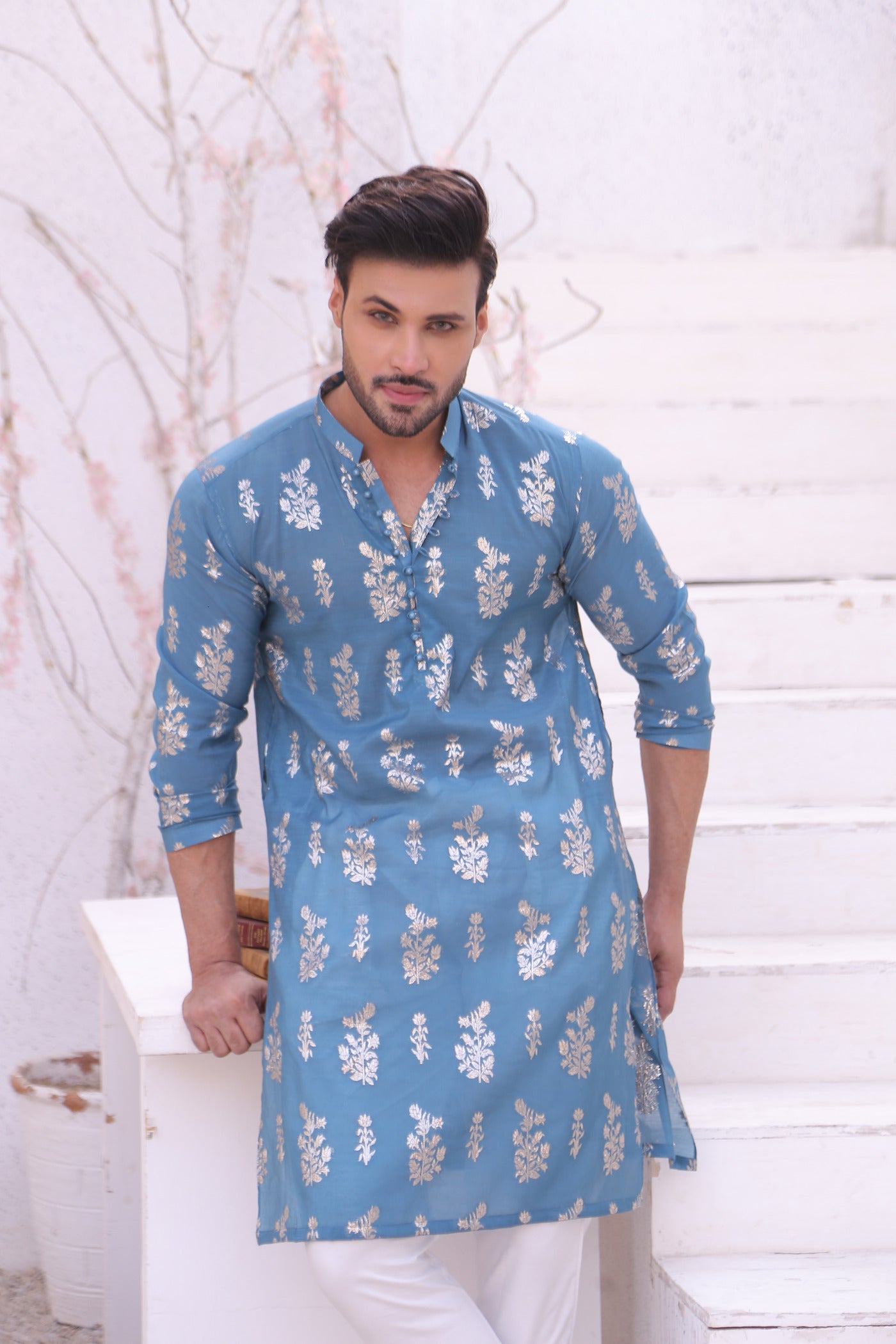 ER MR 52 Blue Self Cotton Silk Fabric Kurta Pajama Mirror Work For Men