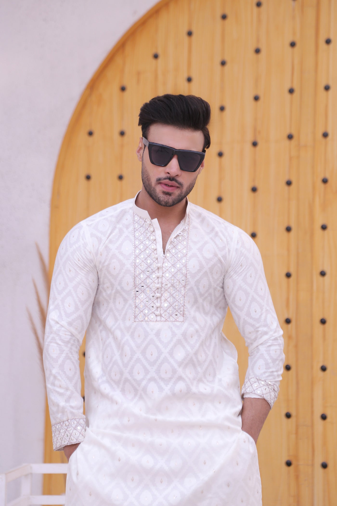 ER MR 46 White Mirror Work Self Cotton Silk Fabric Kurta Pajama Mirror Work For Men