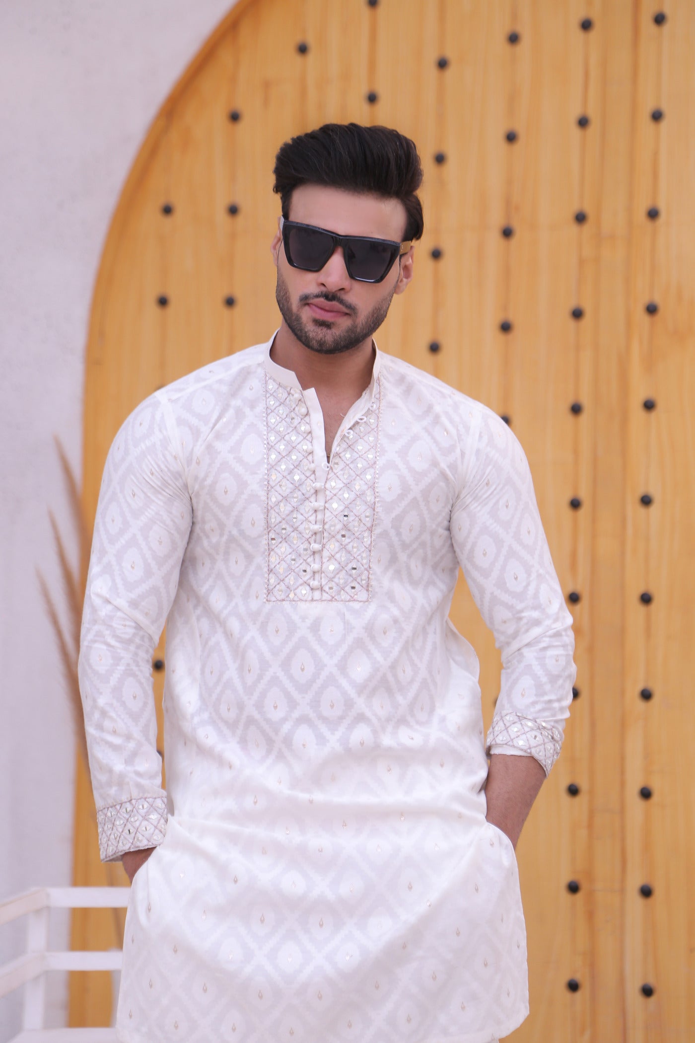 ER MR 46 White Mirror Work Self Cotton Silk Fabric Kurta Pajama Mirror Work For Men
