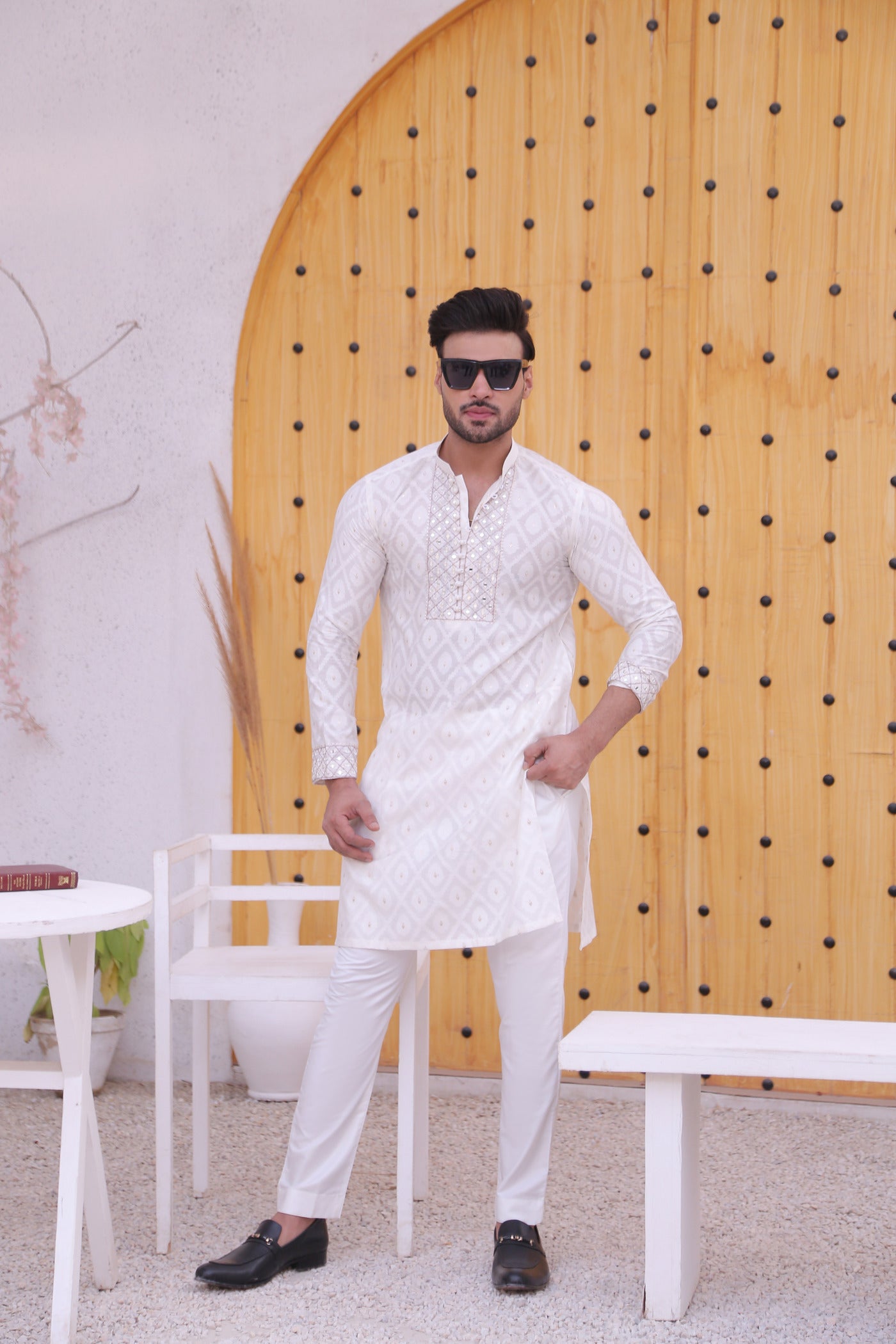 ER MR 46 White Mirror Work Self Cotton Silk Fabric Kurta Pajama Mirror Work For Men