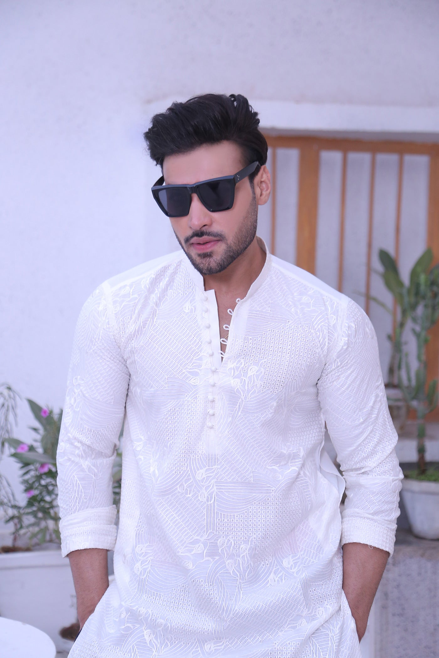 ER MR 45 White Chicken Kari Work Self Cotton Silk Fabric Kurta Pajama Mirror Work For Men