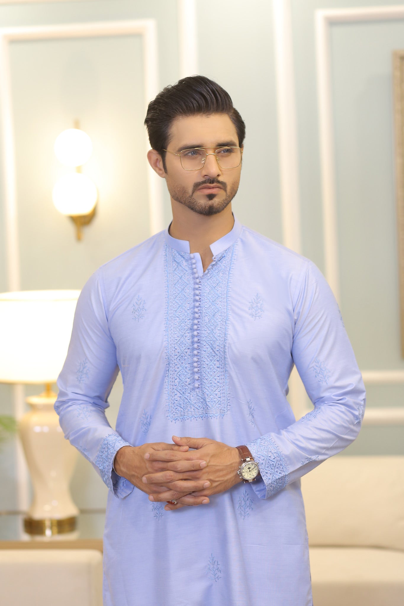 CK 709 Sky Blue Chikankari Kurta For Men