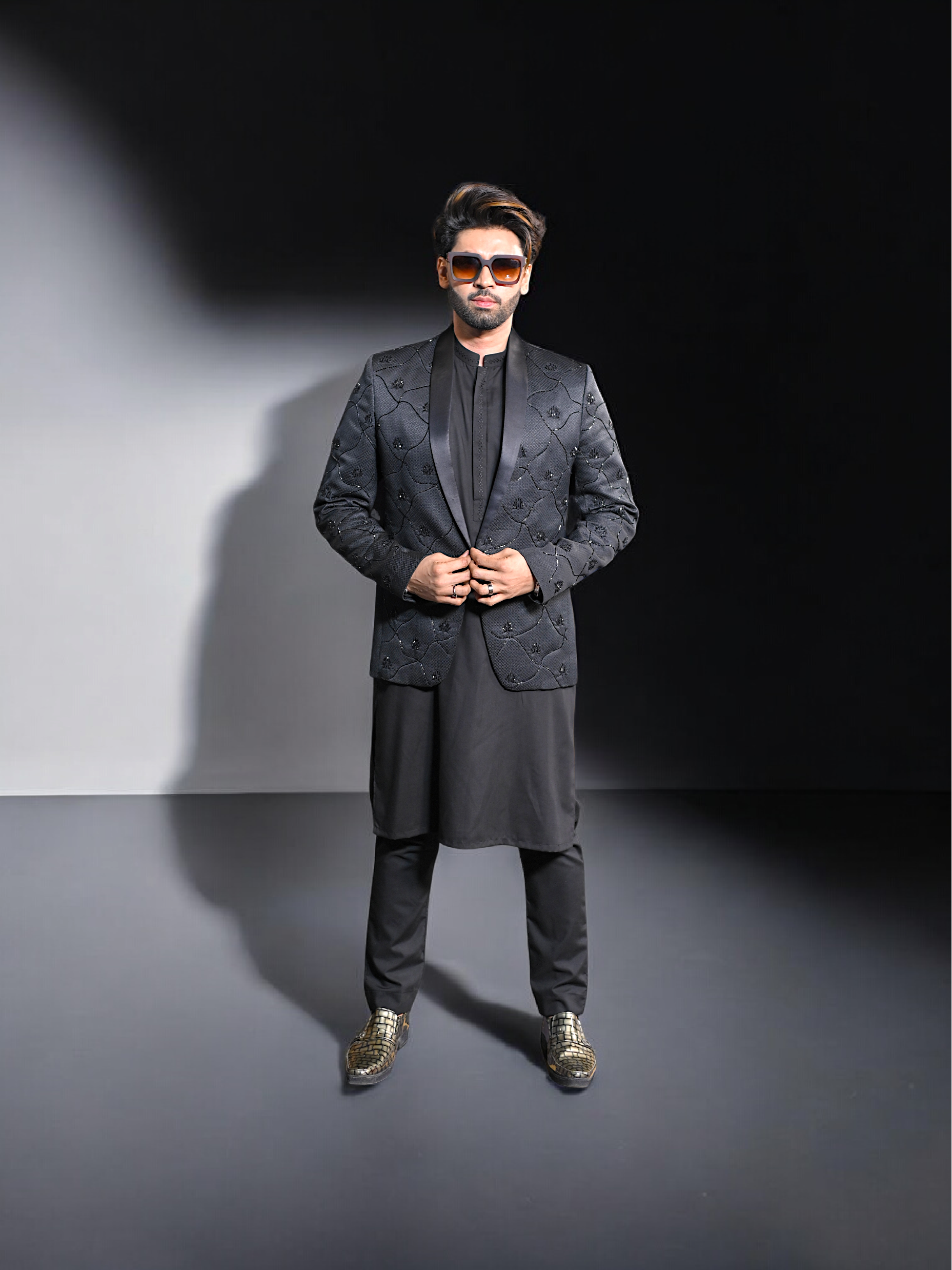 Black Hand Work Coat With Kurta