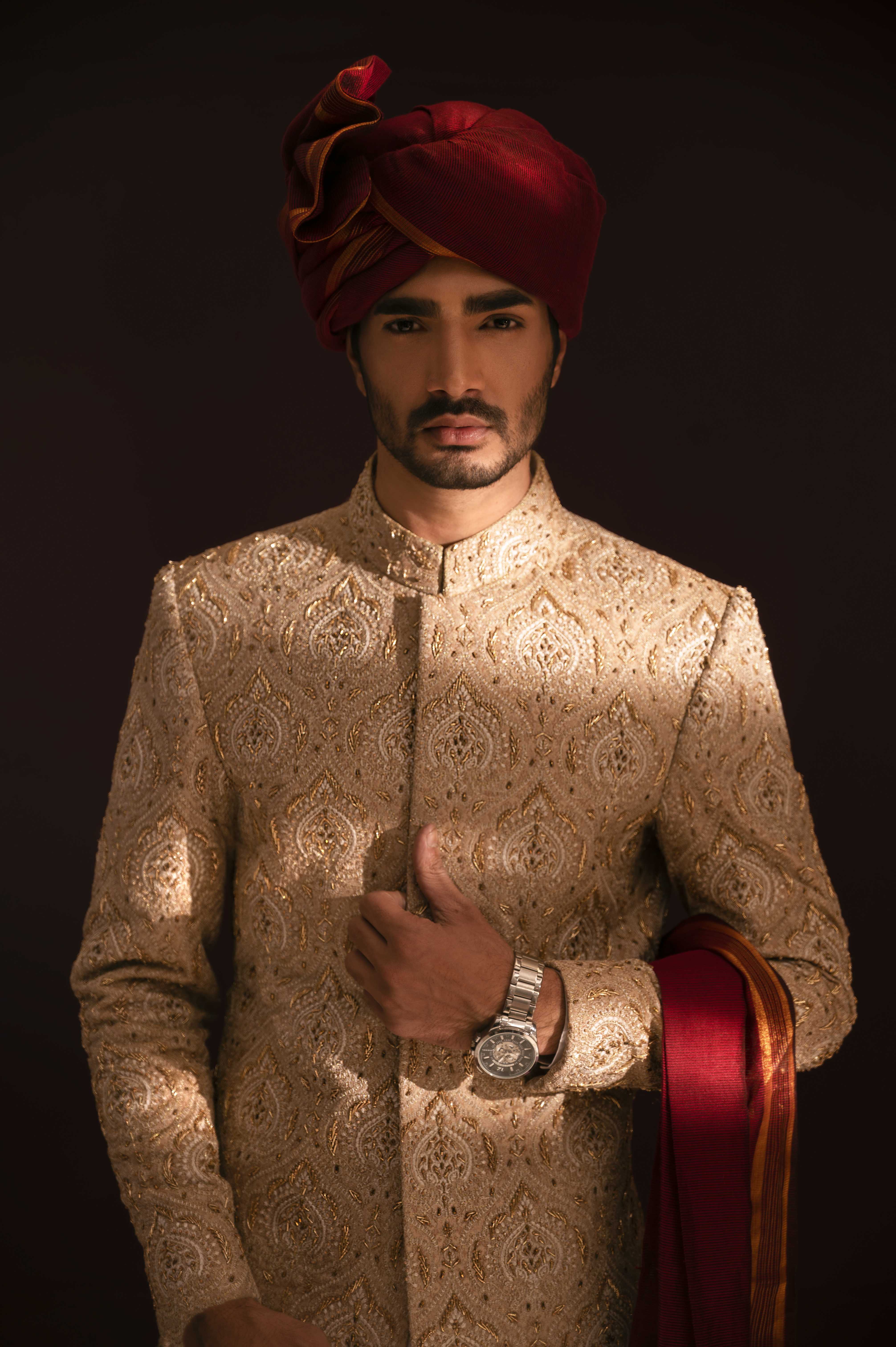 ER SH 120 Light Glden Hand Work Sherwani