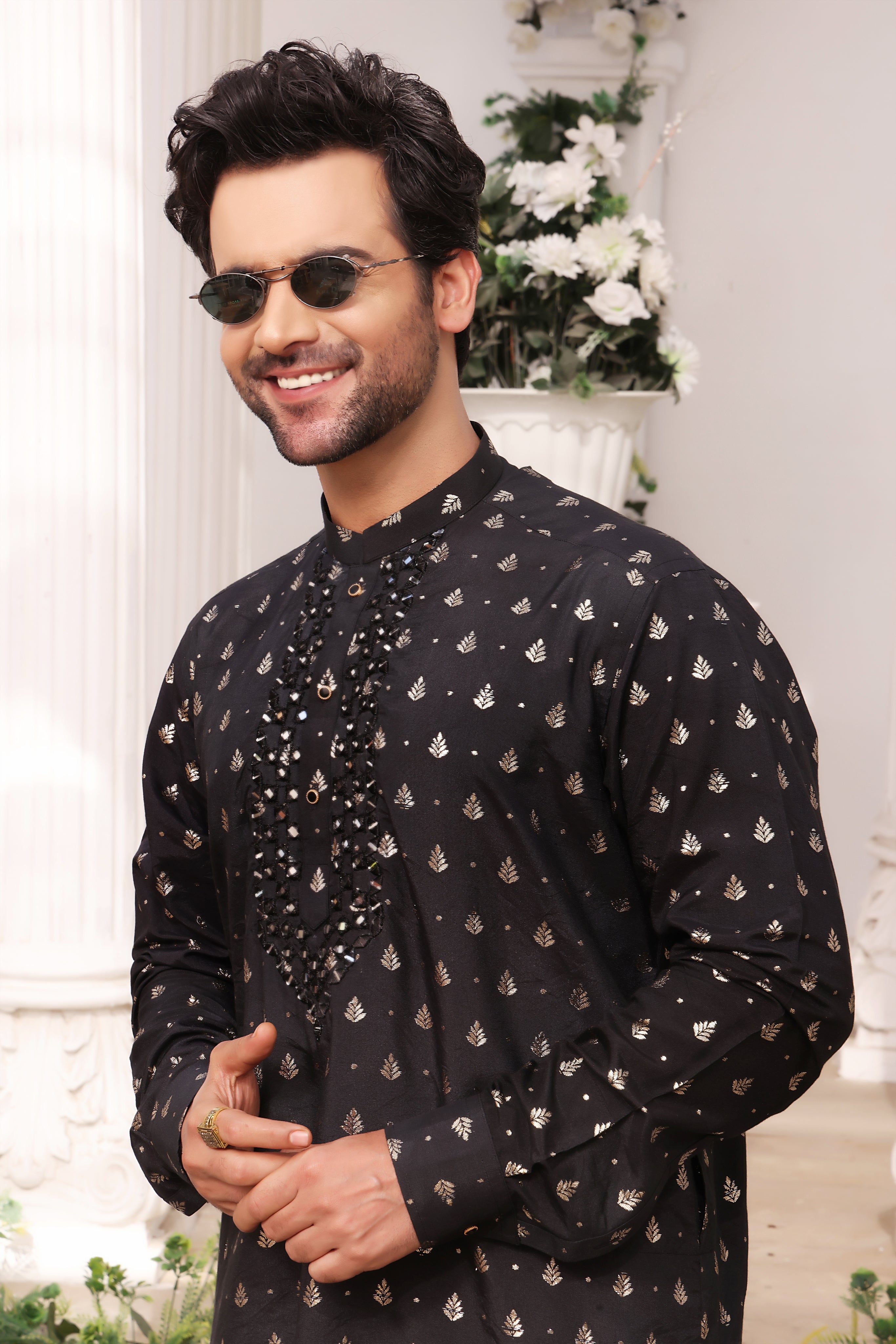 ER MR 21 Black Mirror Embroidery Self Cotton Silk Fabric Kurta Pajama