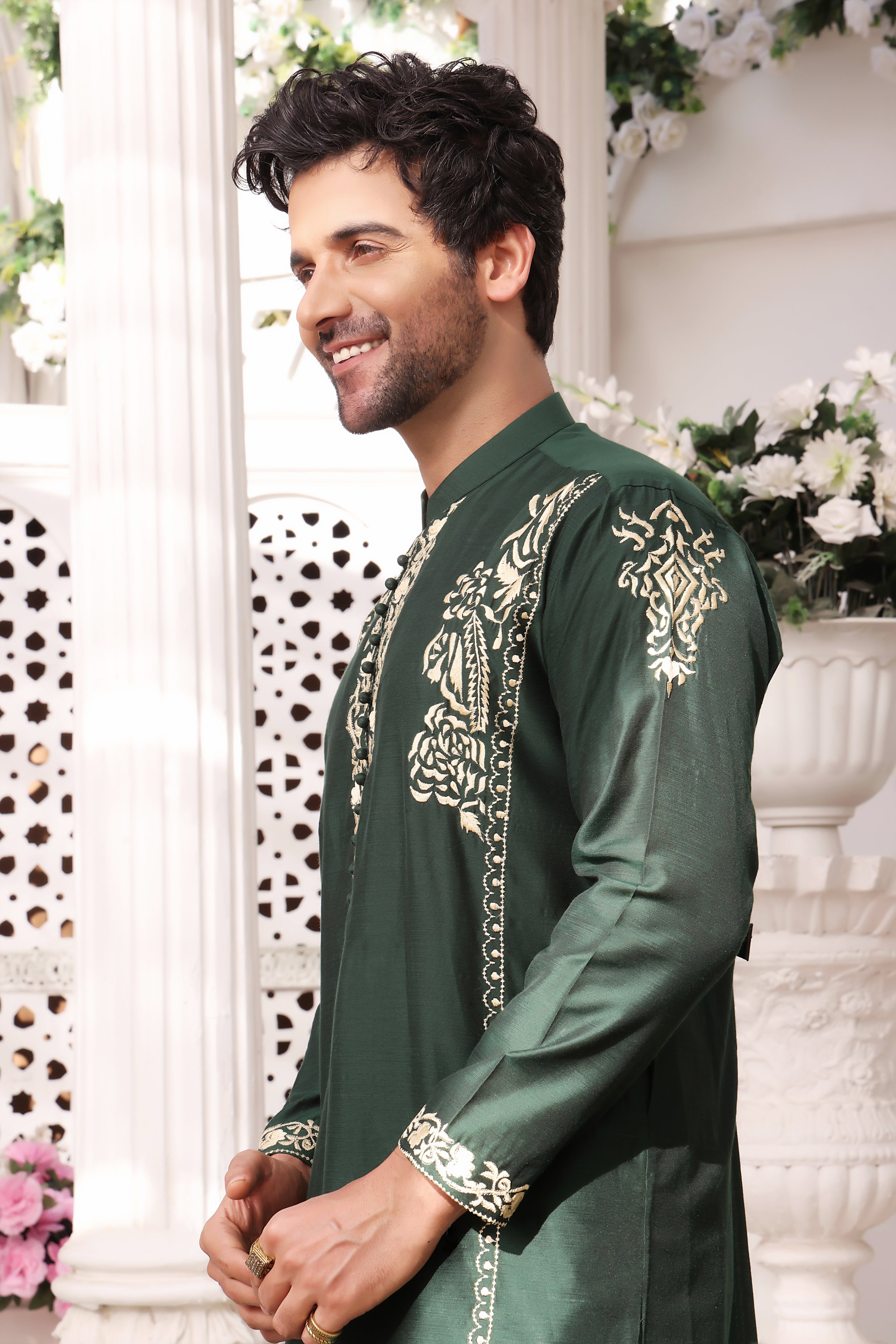 ER MR 25 Green Gold Embroidery Self Cotton Silk Fabric Kurta Pajama