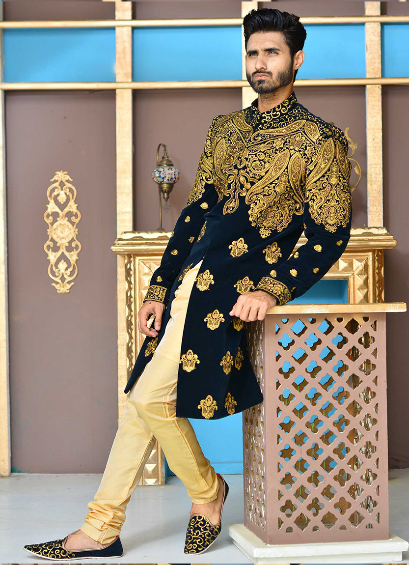 Er Sh-080 Ranveer Singh Sherwani Khali Style on Velvet With Copper Tilla Embroidery