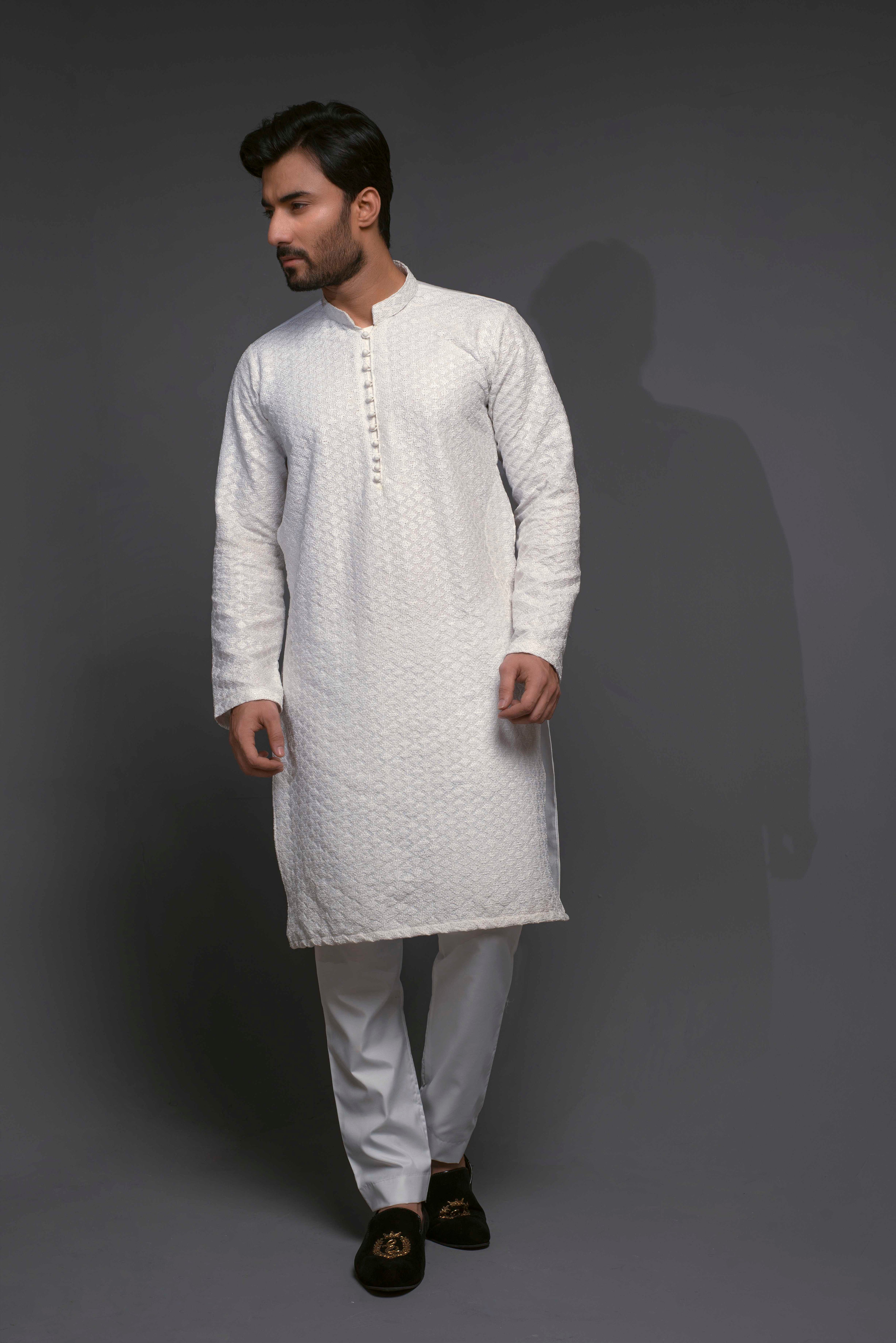ER 521 White Chicken Kari Style Diagonal Embroided Kurta Pajama