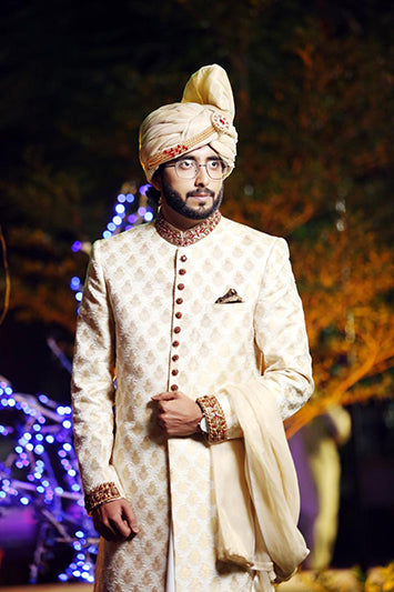 ER SH-087 Golden Boti Work oon Jamawar With Collar Cuff Kora Dabka Work FOr Groom