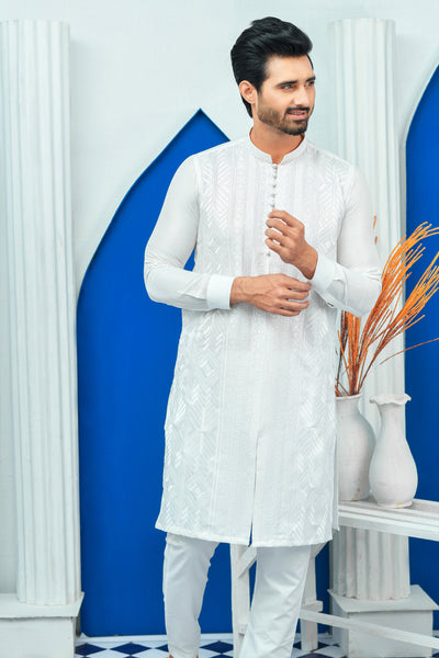 Front Open Chicken Kari EMB ED 104 White Sherwani Style Embroided Seri Edge Republic