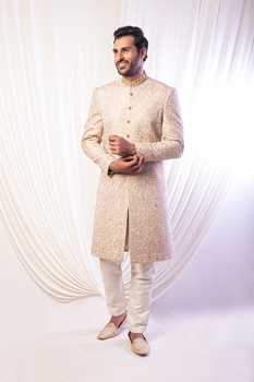 Perfect Gold With Gold Work Sherwani For Groom