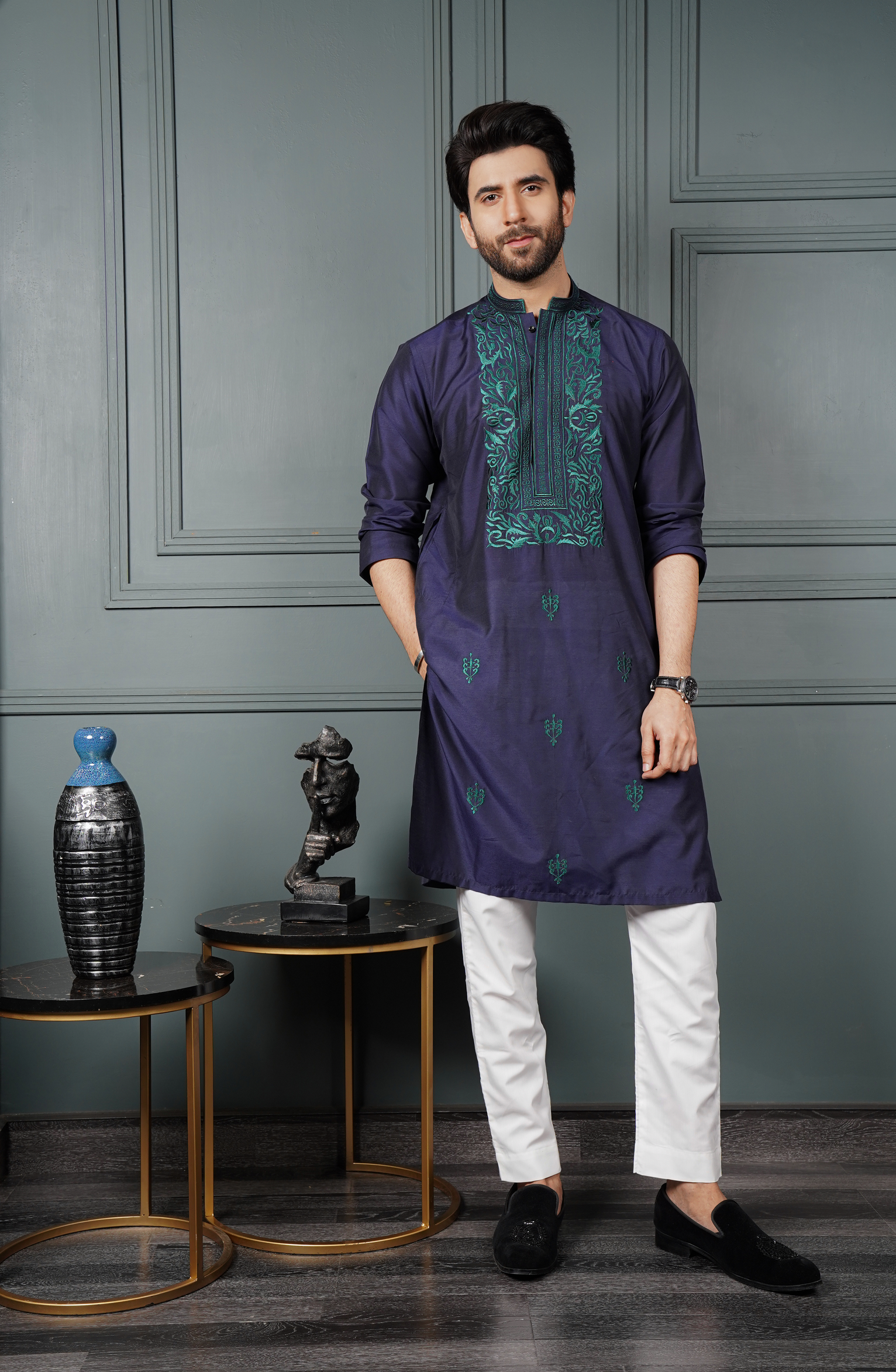 ER 621 Navy Blue Embroidery Kurta Pajama With Trousers