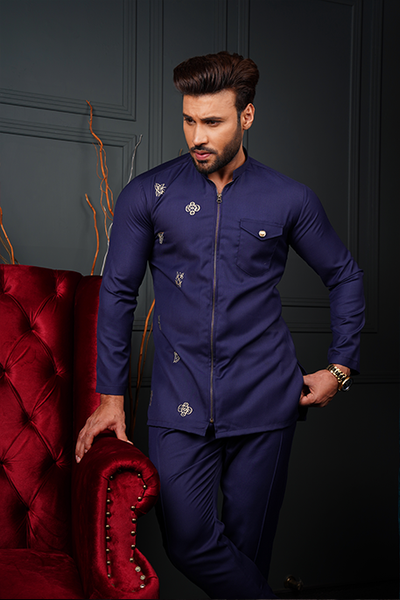Men's Navy Blue Solid Co-Ords Set