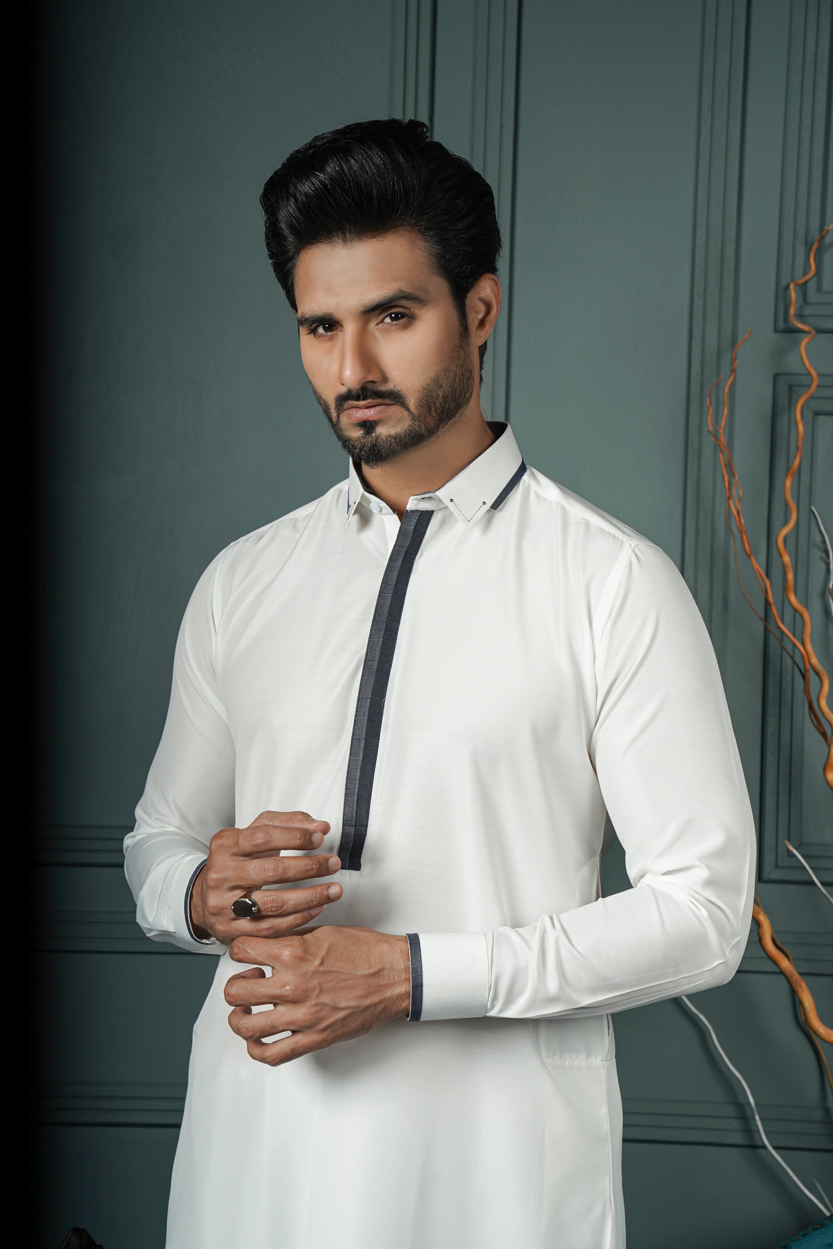 ER 607 White Collar and Placket Contrast 4 Season Blended Kameez Shalwar