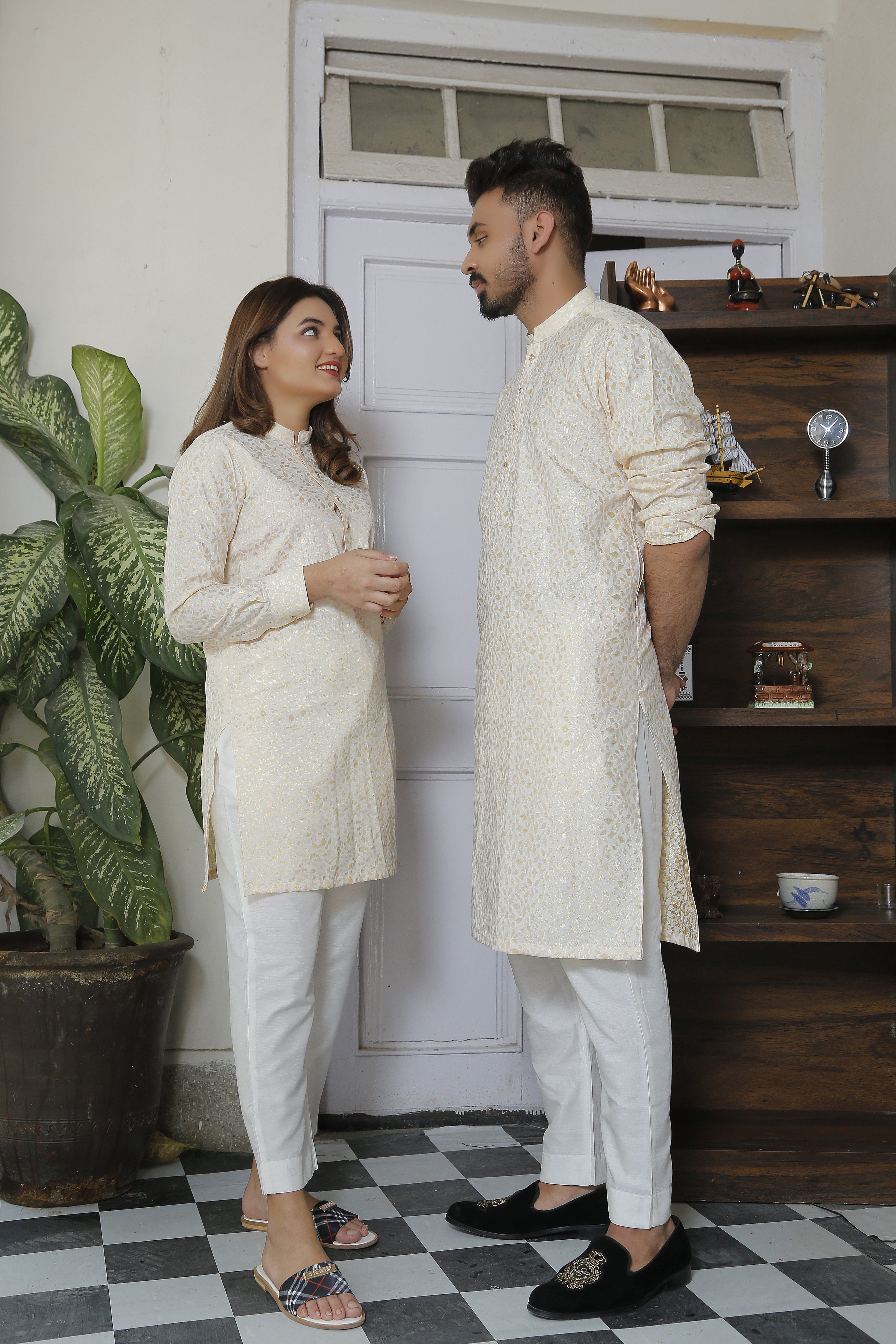 ER Self CP 9 Self Gold Eid Kurta With White Trouser FOR Couples