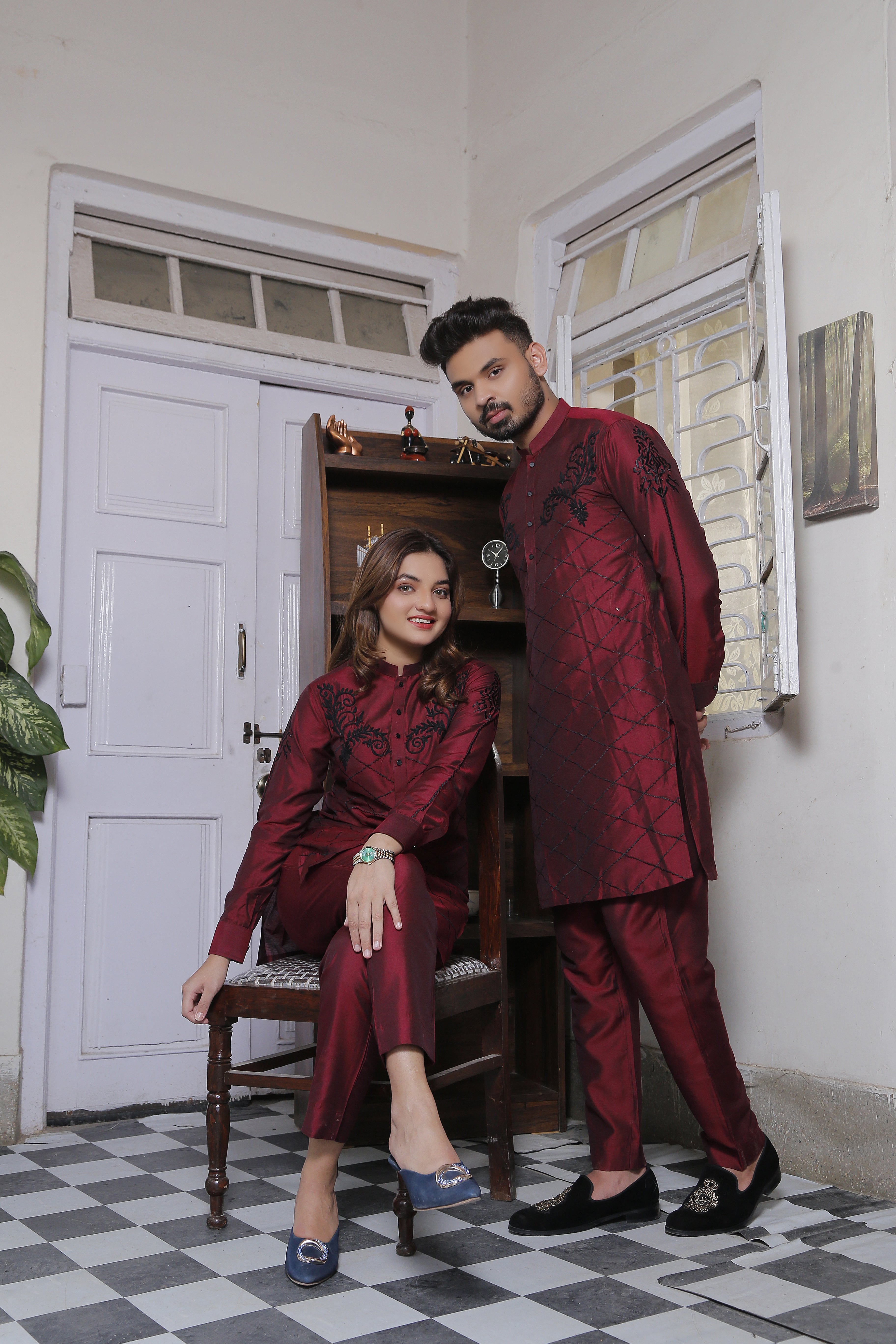 ER CP 5 Maroon Cotton Silk Kurta Pajama With Black Extravagant Embroidery For Couples