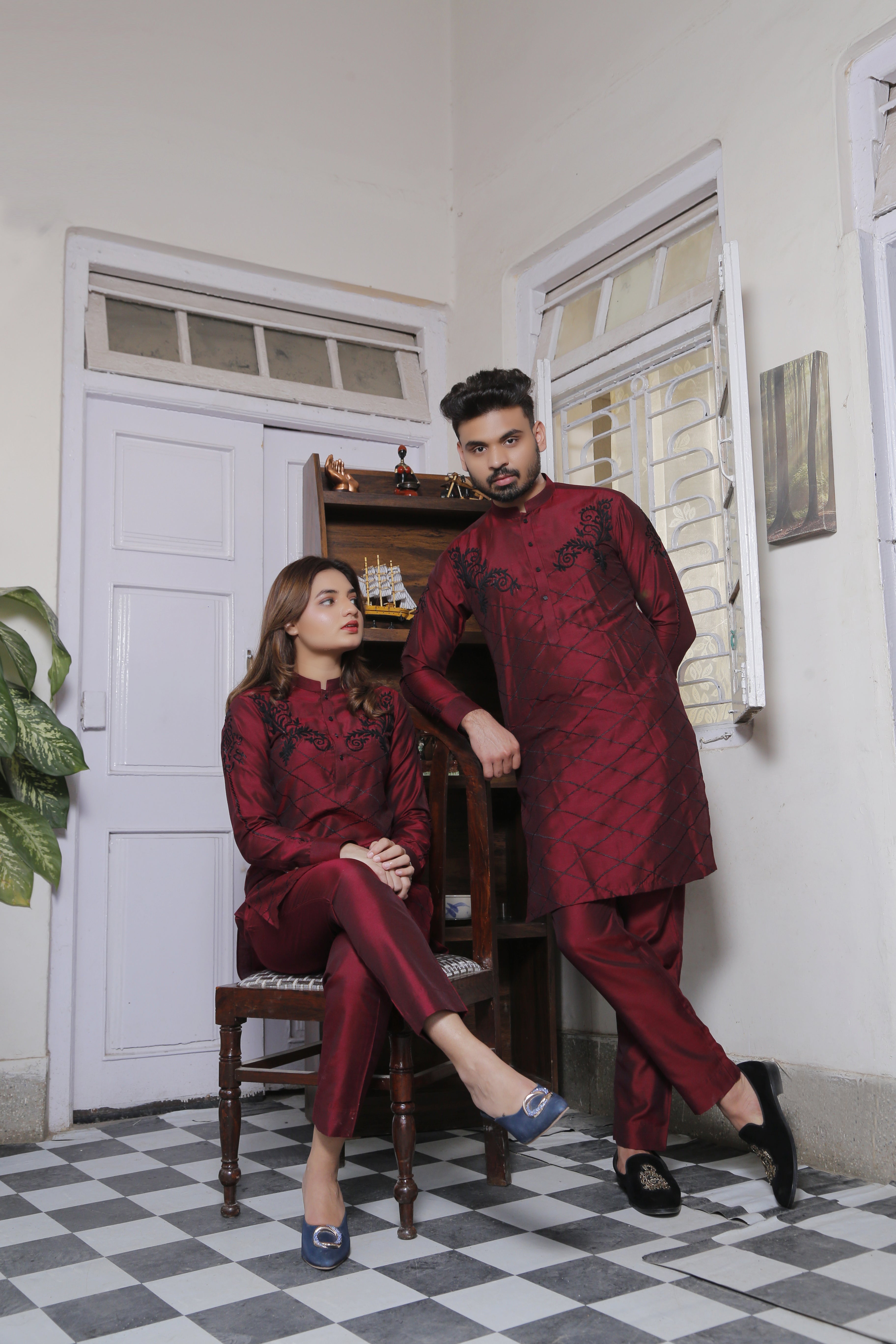 ER CP 5 Maroon Cotton Silk Kurta Pajama With Black Extravagant Embroidery For Couples