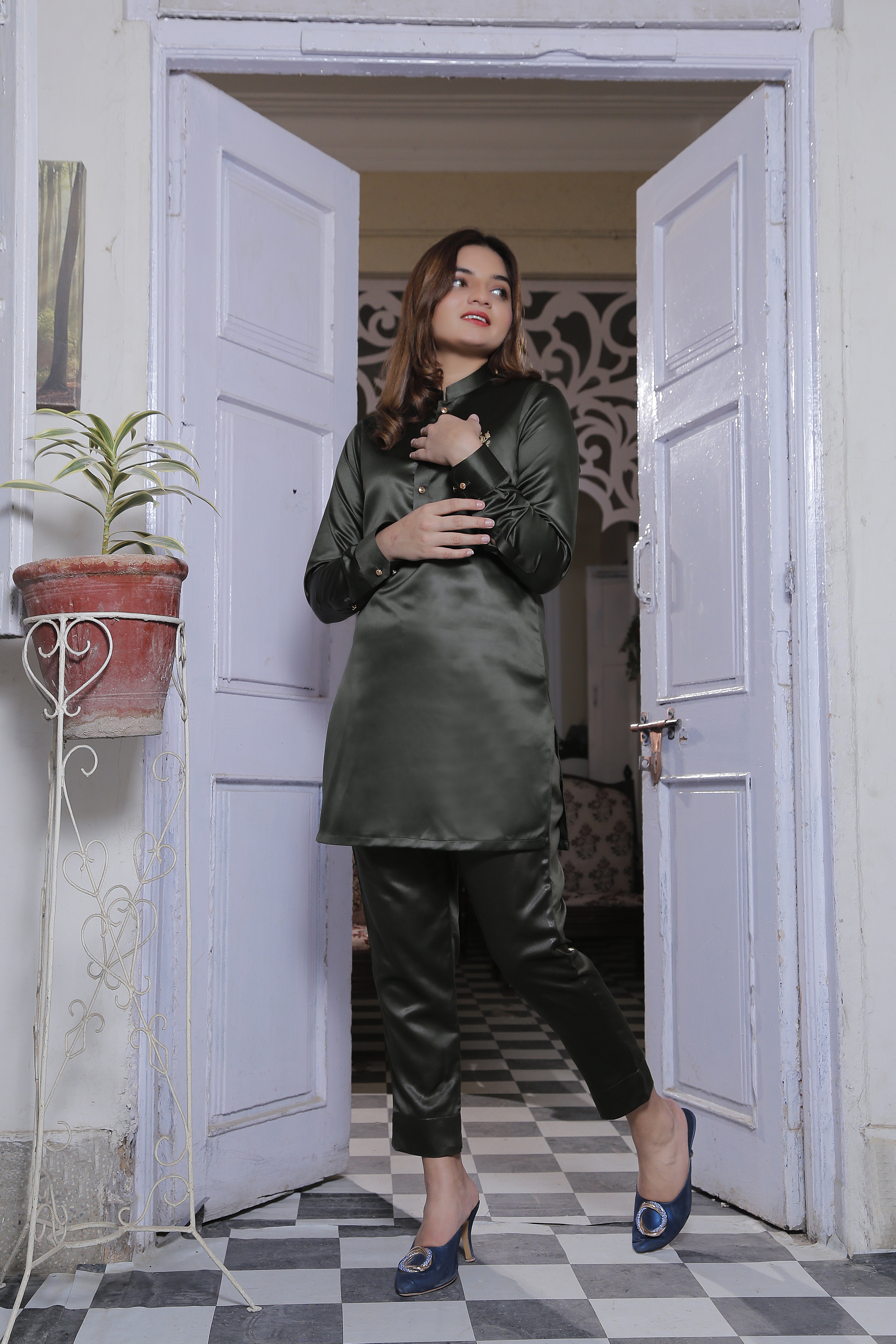 ER Green WM 26 Olive green Kurta Pajama with Gold Buttons