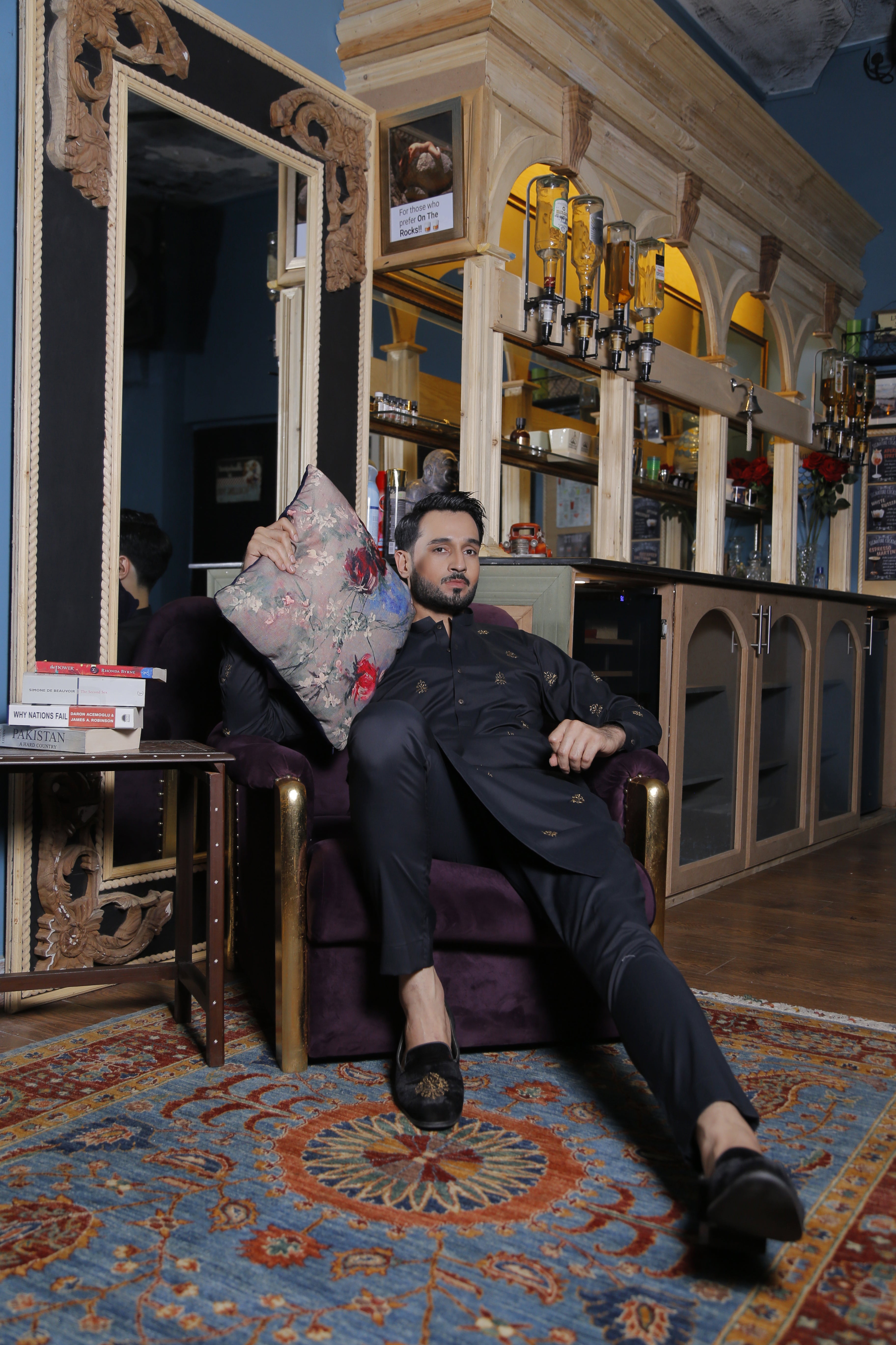 ER 565 Black With Copper Emb Motifs Kurta Pajama For Men