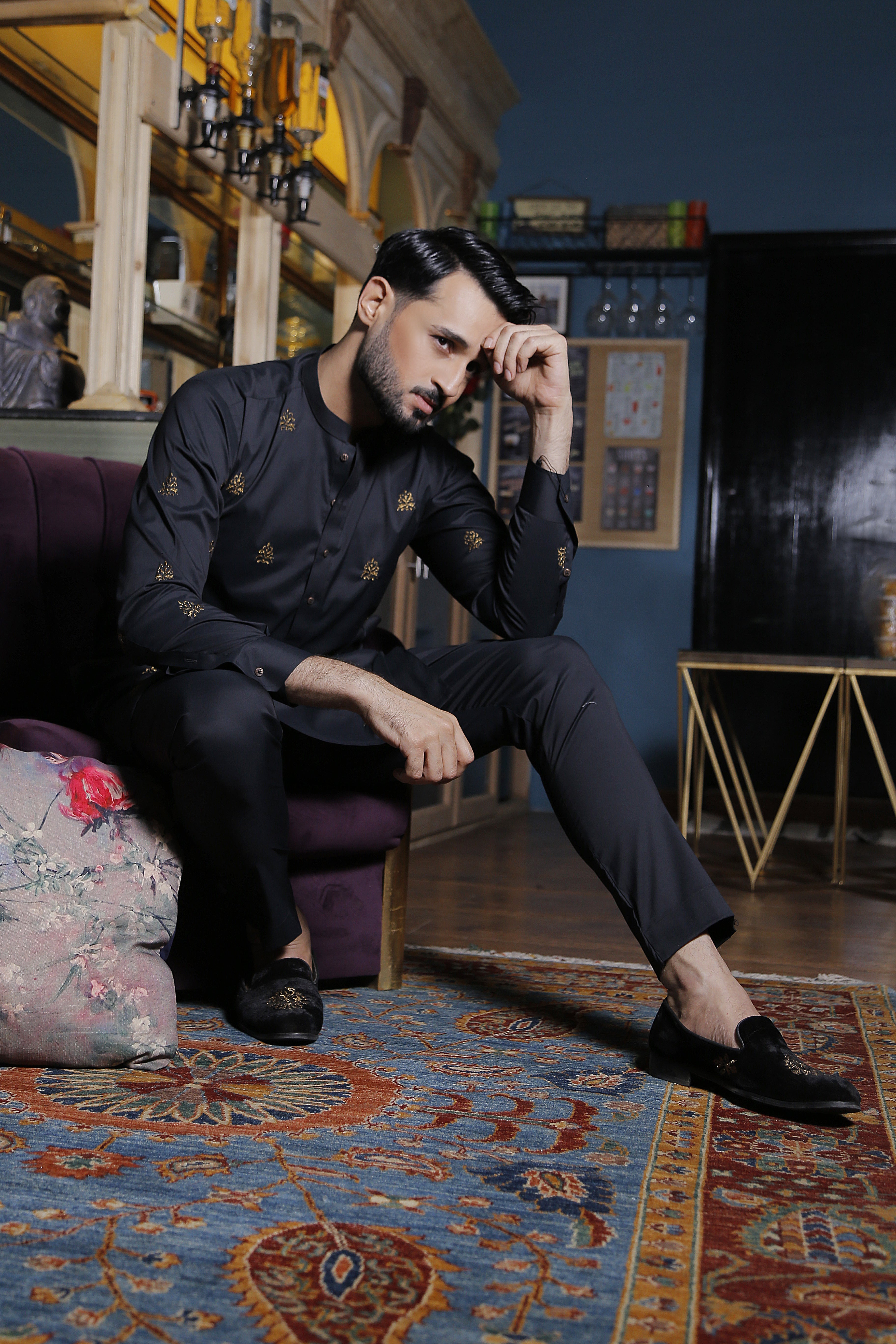 ER 565 Black With Copper Emb Motifs Kurta Pajama For Men